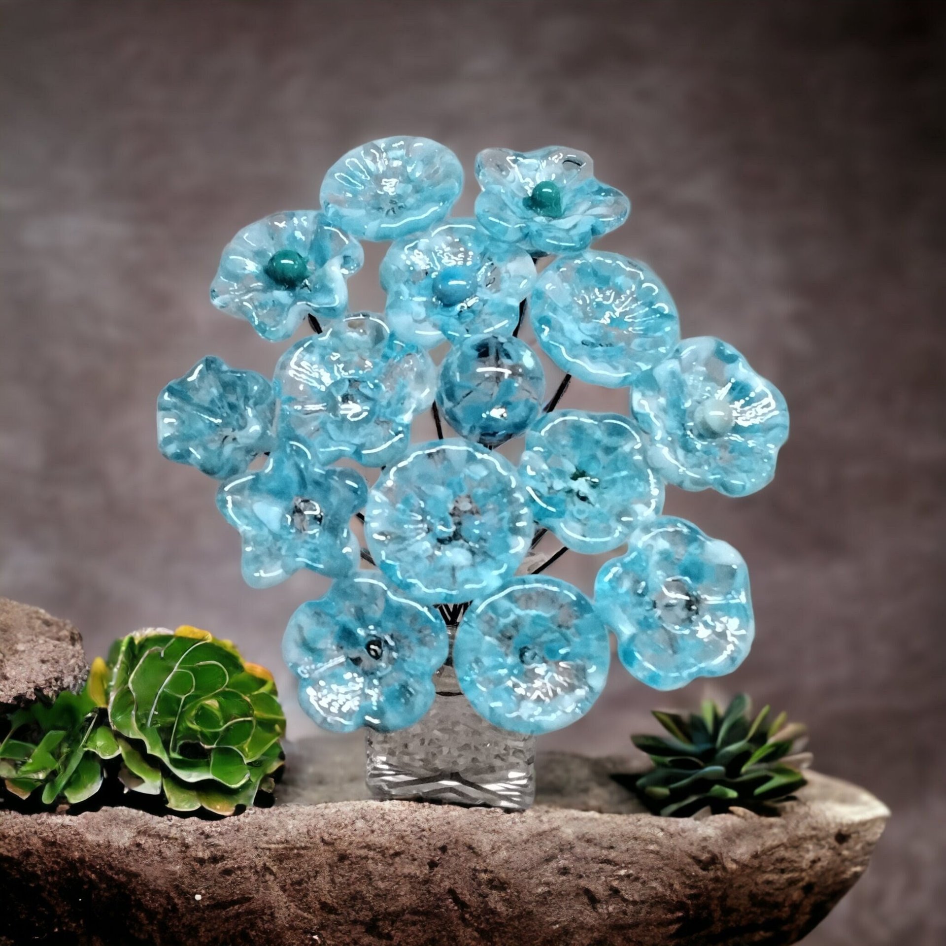 TURQUOISE VARIEGATED glass flowers;  mini tiny small glass flowers on wire; handcrafted lampwork, jewelry, mixed media, wedding, small gift