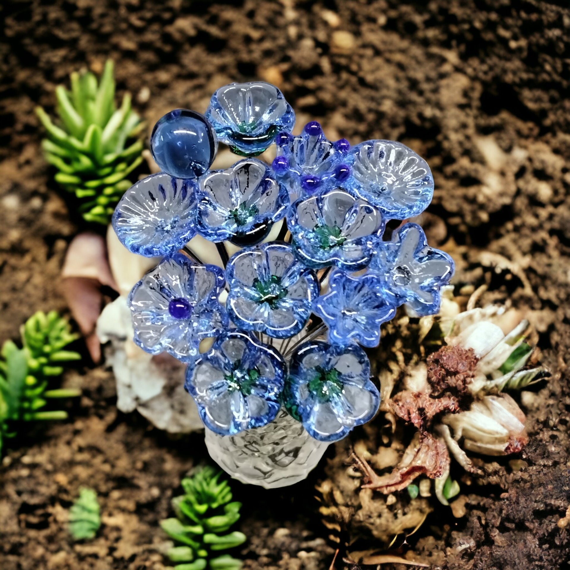 LIGHT BLUE glass flower headpins ~ tiny, small miniature glass flowers on wire;  jewelry, wedding, bouquet, mixed media, great for gifts