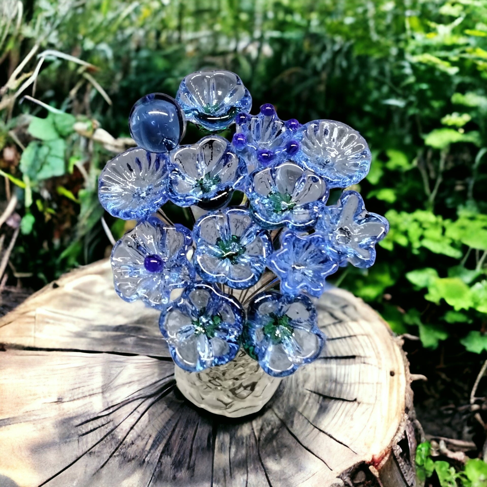 LIGHT BLUE glass flower headpins ~ tiny, small miniature glass flowers on wire;  jewelry, wedding, bouquet, mixed media, great for gifts