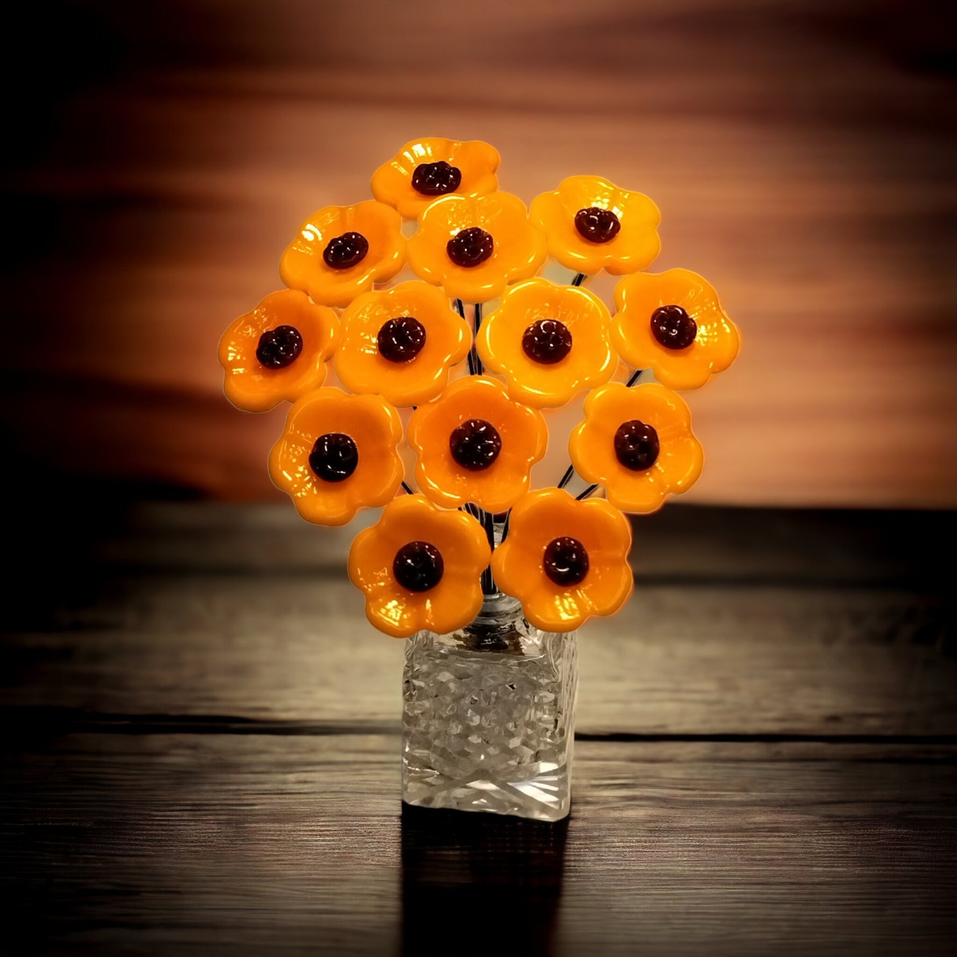 Merigold Butterscotch tiny glass flowers on wire headpins; handcraft lampwork: jewelry, gifts, wedding, bouquets, mixed media fall autumn