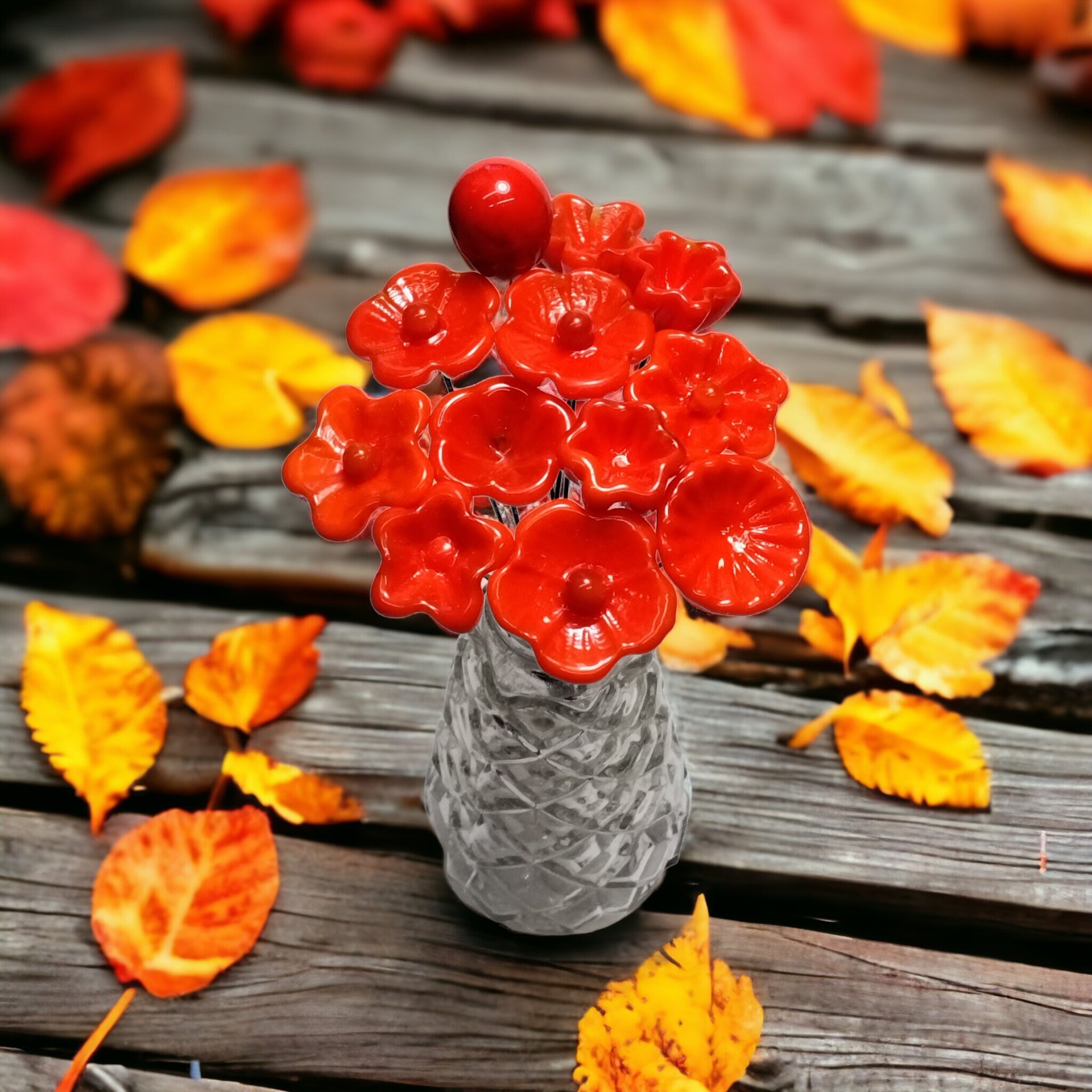 BRIGHT ORANGE glass flowers headpins; miniature tiny small glass flowers on wire; handcrafted lampwork, jewelry, mixed media, curio, gift