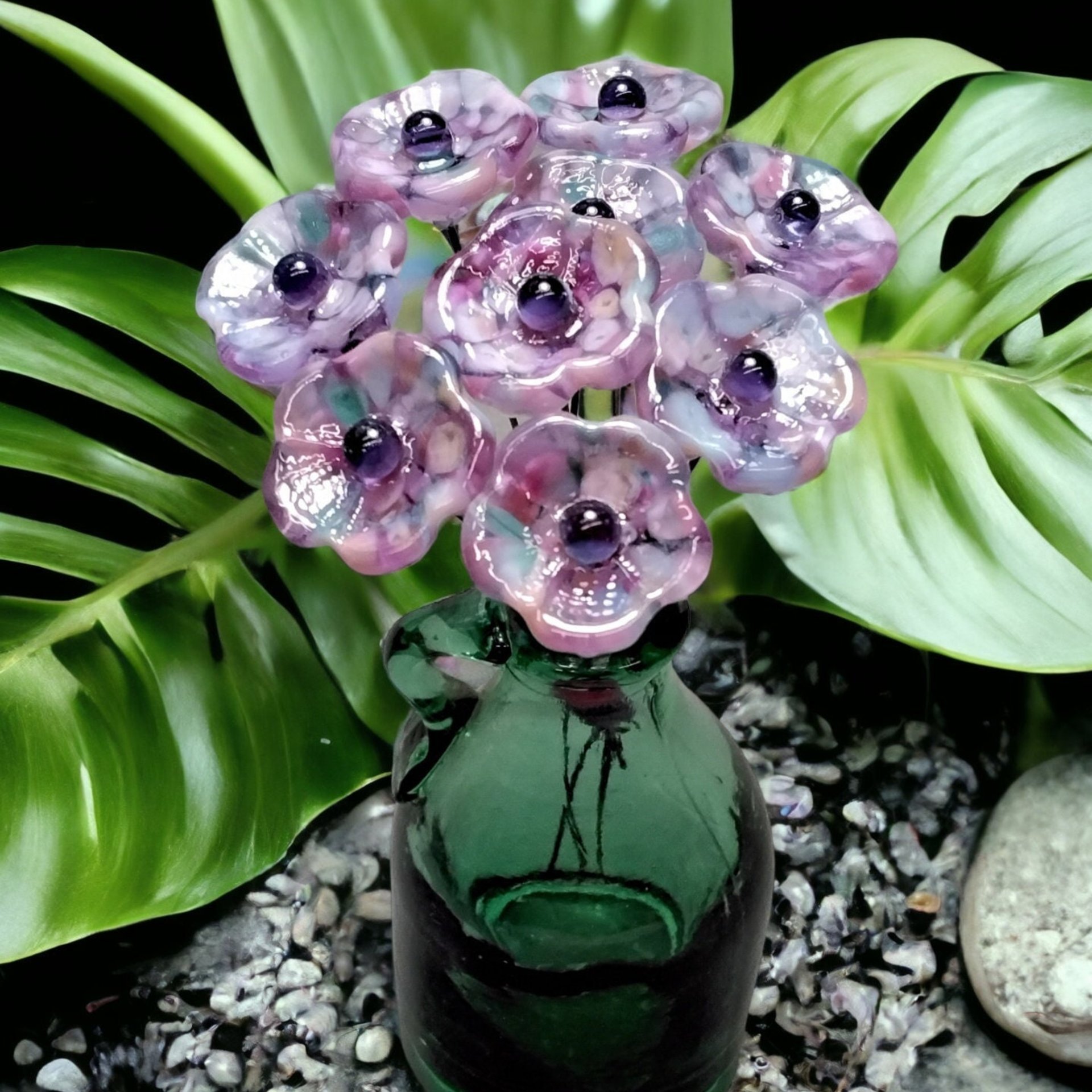 Lavender Garden glass 5-petal mini glass flowers, tiny, small glass flowers on wire; hadcrafted lampwork, jewelry, mixed media, plant gift