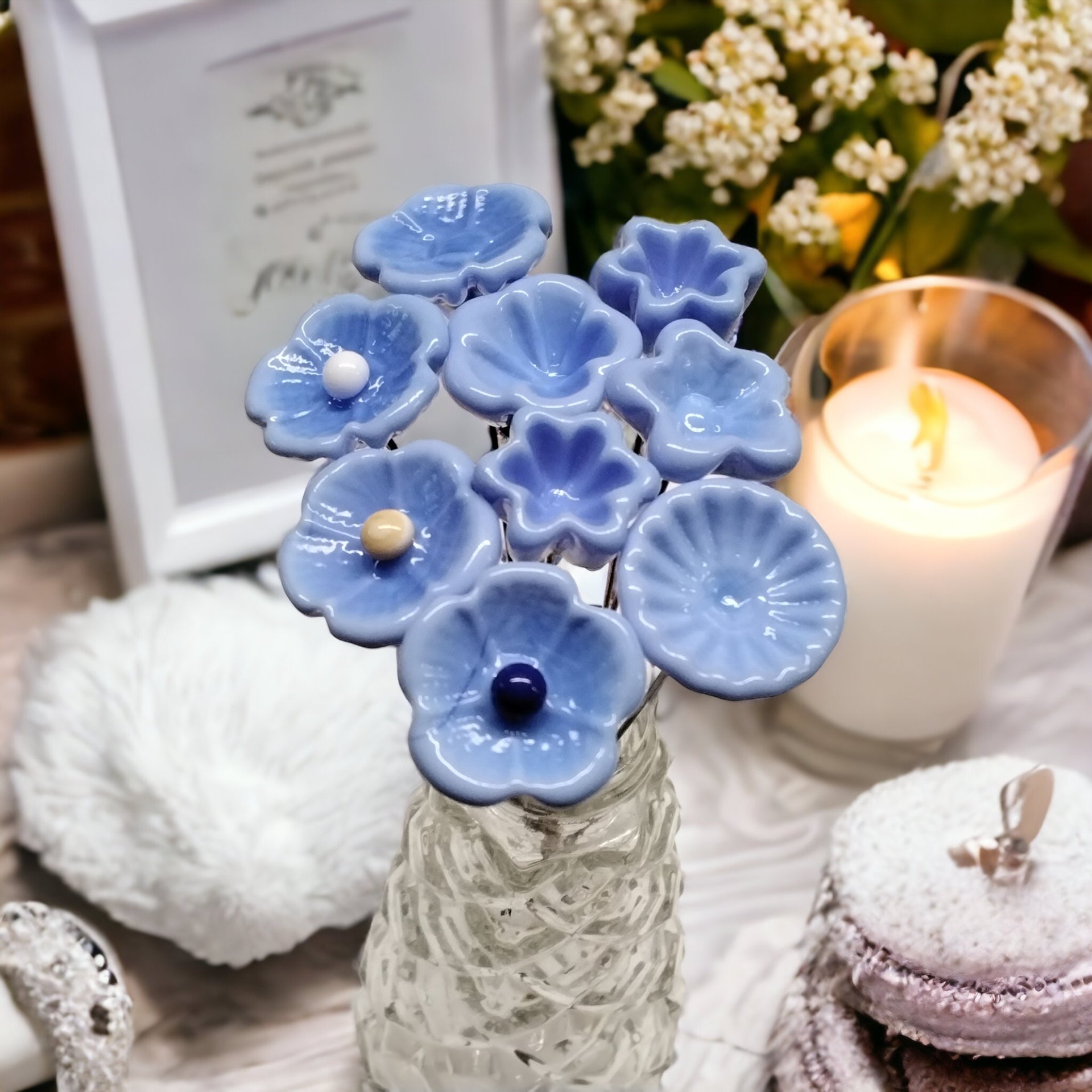 PERIWINKLE miniature glass flowers on wire; mini tiny small handcraft lampwork. Jewelry, mixed media, wedding, forever flowers, curio, gift