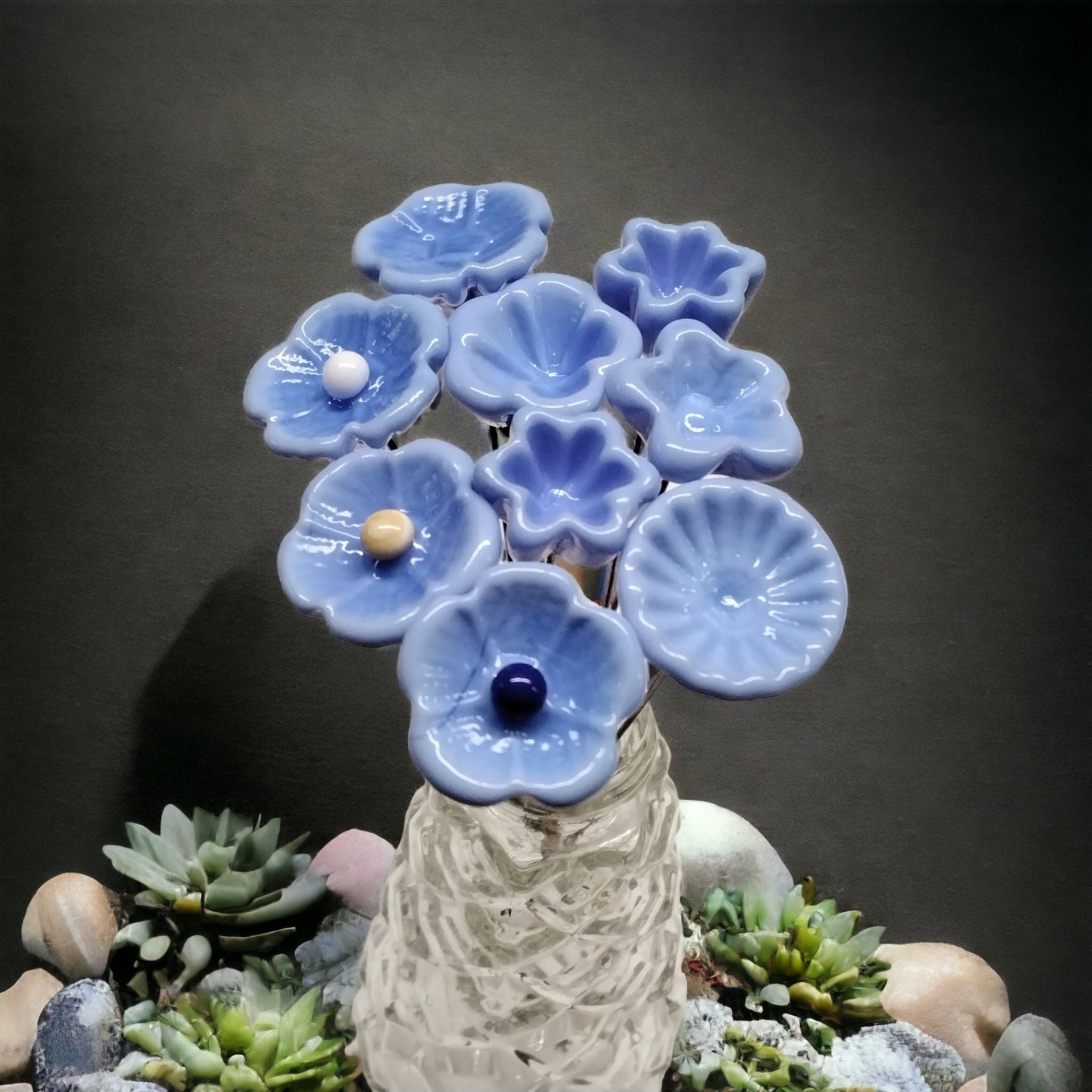 PERIWINKLE miniature glass flowers on wire; mini tiny small handcraft lampwork. Jewelry, mixed media, wedding, forever flowers, curio, gift