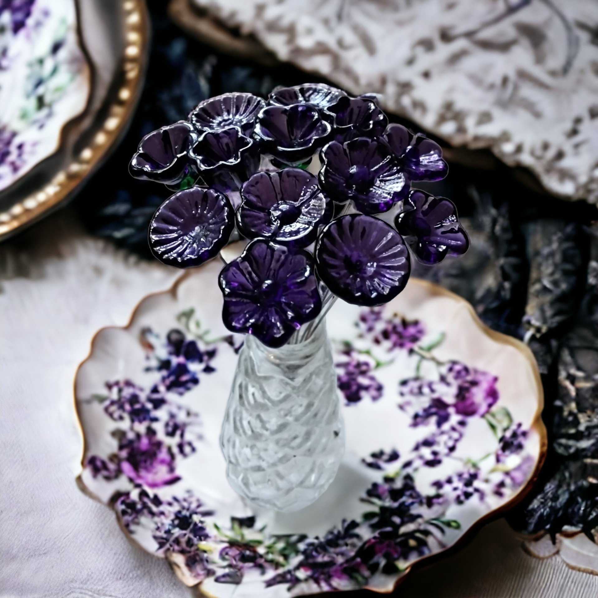 DEEP DARK PURPLE glass flowers, mini tiny small glass flowers on wire; handcrafted lampwork, jewelry, mixed media, wedding, plants, gift