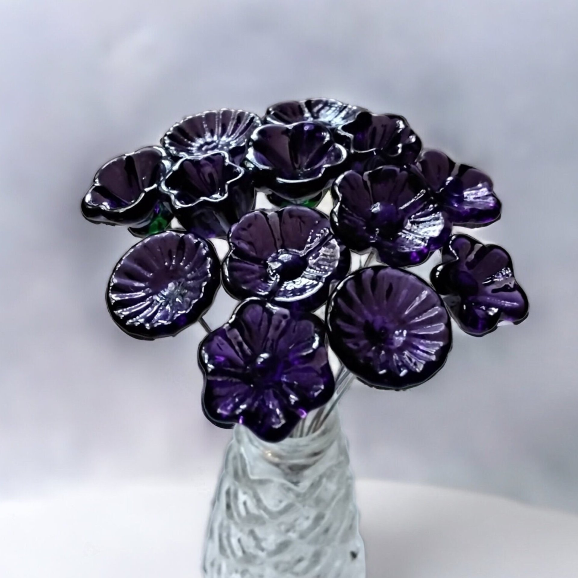 DEEP DARK PURPLE glass flowers, mini tiny small glass flowers on wire; handcrafted lampwork, jewelry, mixed media, wedding, plants, gift