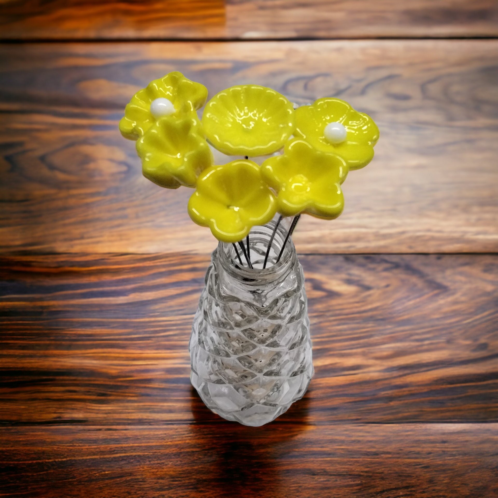 BRIGHT YELLOW glass flower headpins; tiny small mini glass flowers on wire; hancrafted lampwork, jewelry, curio, mixed media, little gift