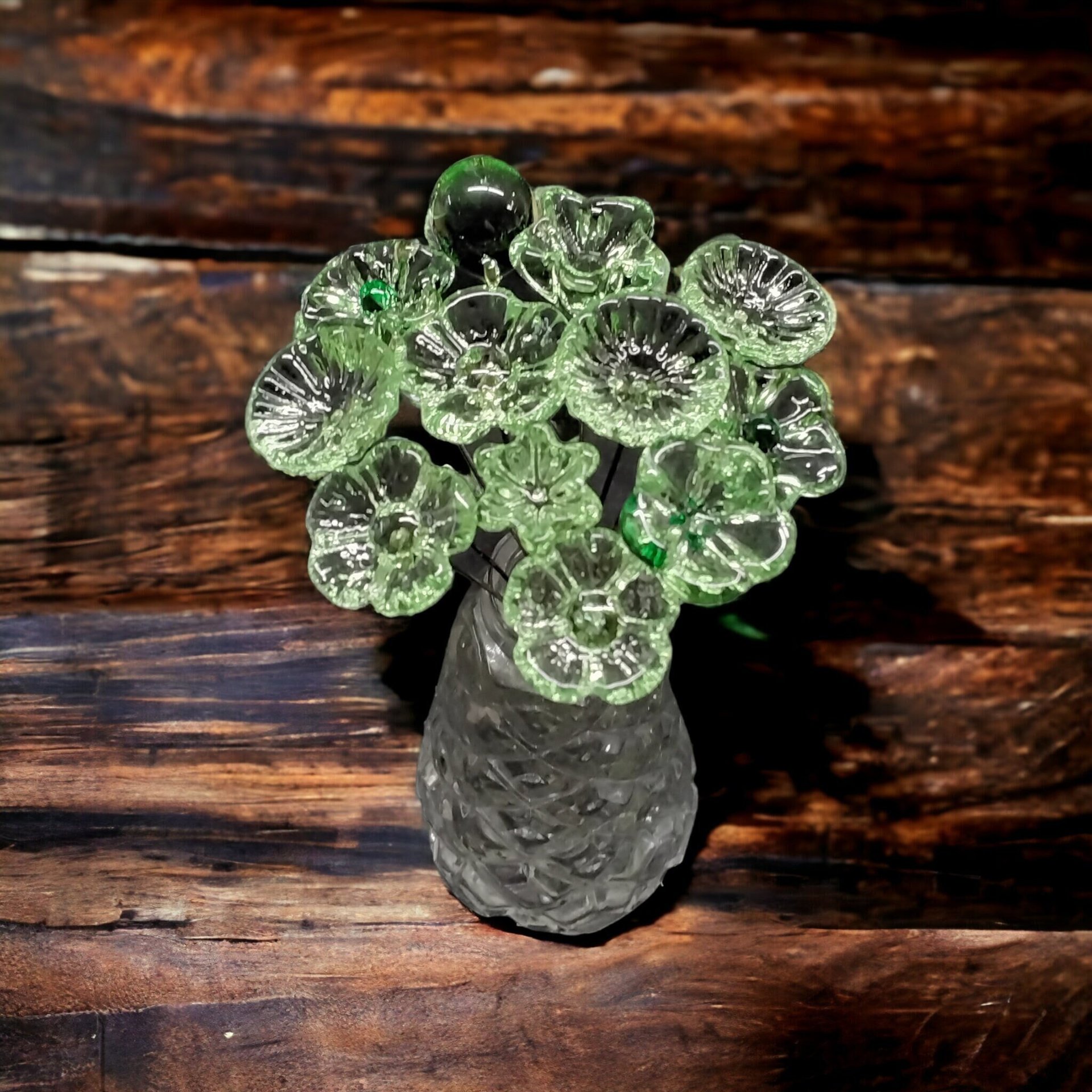 CRYSTAL GREEN (very light) glass flower headpins; tiny small mini glass flowers on wire; individually crafted lampwork glass in my studio