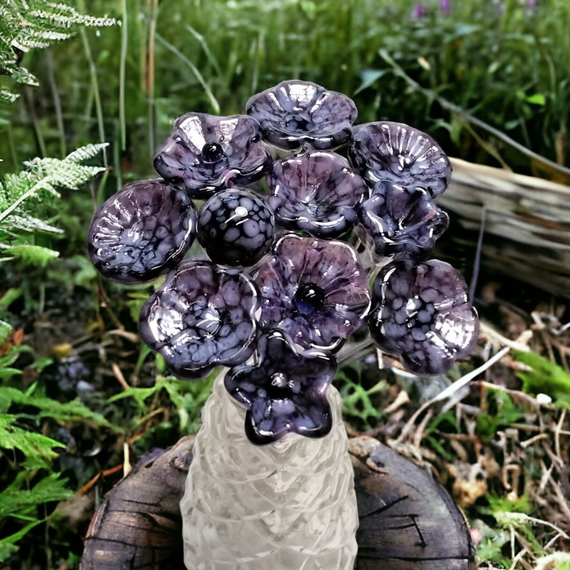 PURPLE MOTTLE JEWELTONE glass flowers; mini tiny small glass flowers on wire; handcraft lampwork, jewelry, mixed media, wedding, plant gift