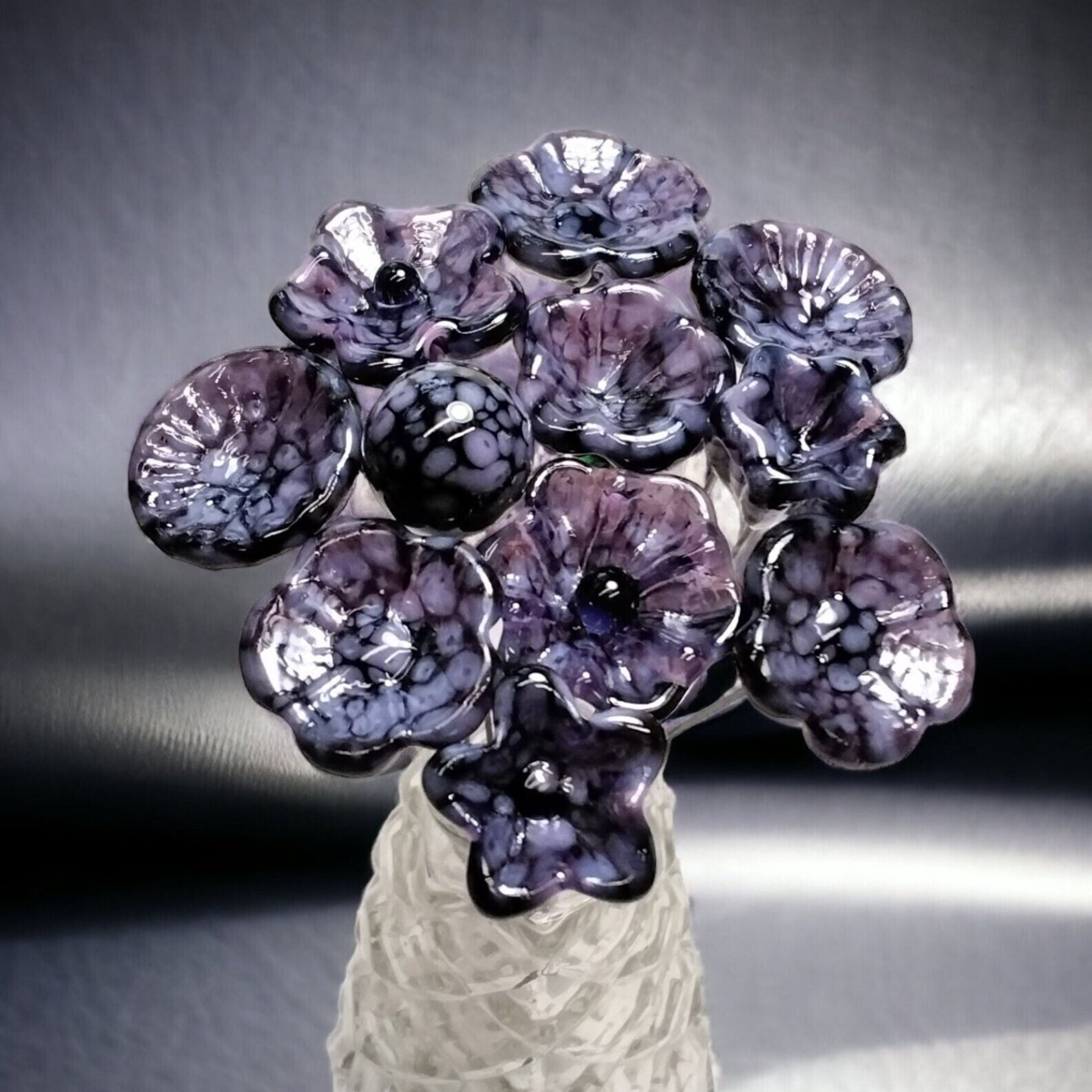 PURPLE MOTTLE JEWELTONE glass flowers; mini tiny small glass flowers on wire; handcraft lampwork, jewelry, mixed media, wedding, plant gift