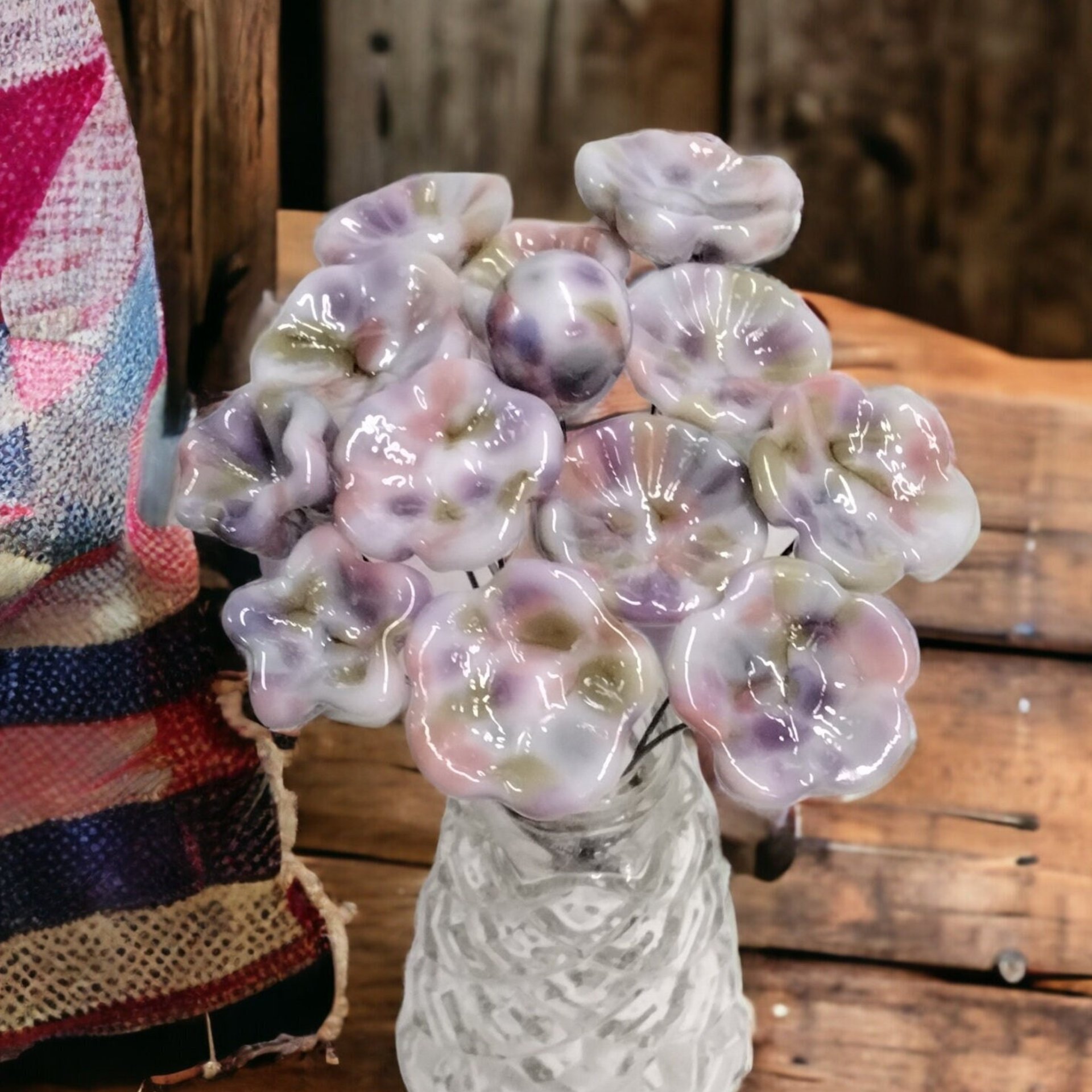 Grandma's Quilt glass flowers; tiny small mini glass flowers on wire; individually crafted lampwork; vintage, antique, nostalgic soft pastel