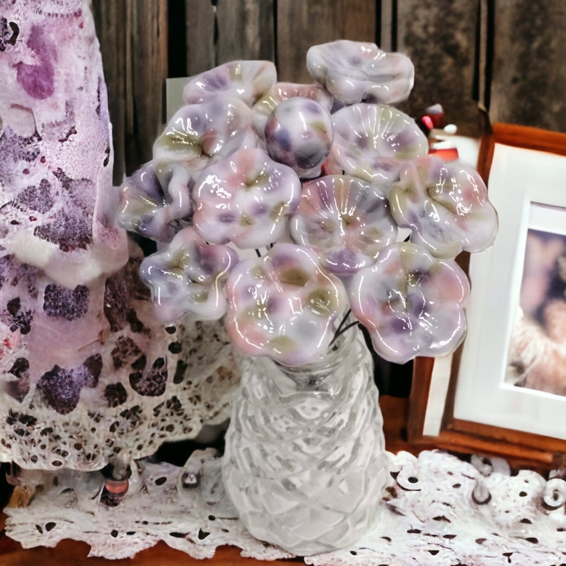 Grandma's Quilt glass flowers; tiny small mini glass flowers on wire; individually crafted lampwork; vintage, antique, nostalgic soft pastel