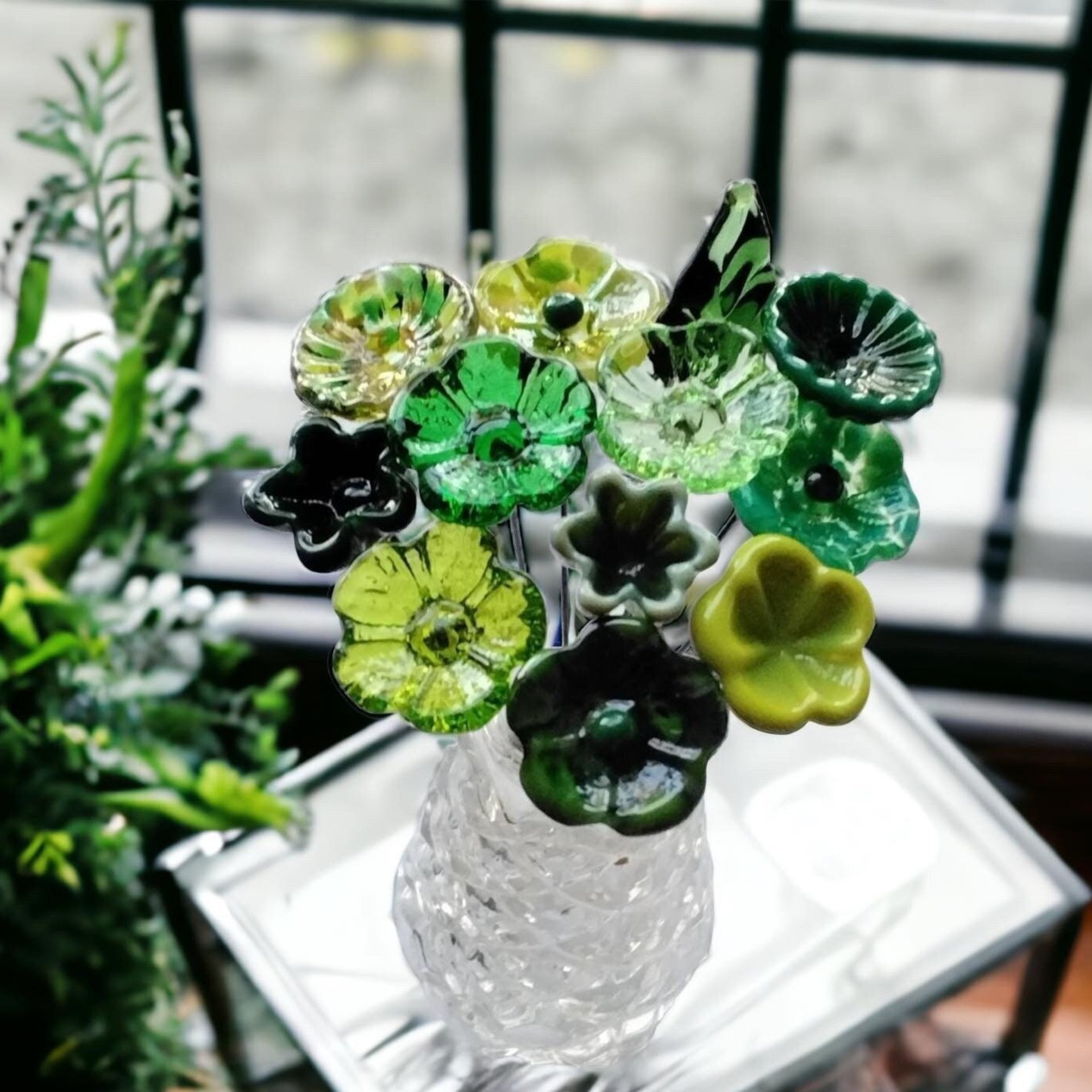 IRISH CELTIC Bouquet ~ glass flower bouquet, tiny small miniature glass flowers; individually crafted lampwork, irish gift, greenspace curio