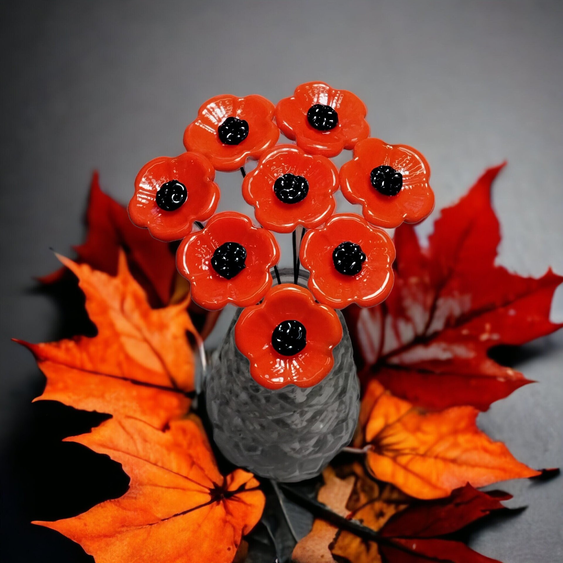 POPPY MIX Red and Orange glass flower Set of 6; small tiny miniature glass flowers on wire, handcrafted lampwork, jewelry, mixed media, gift