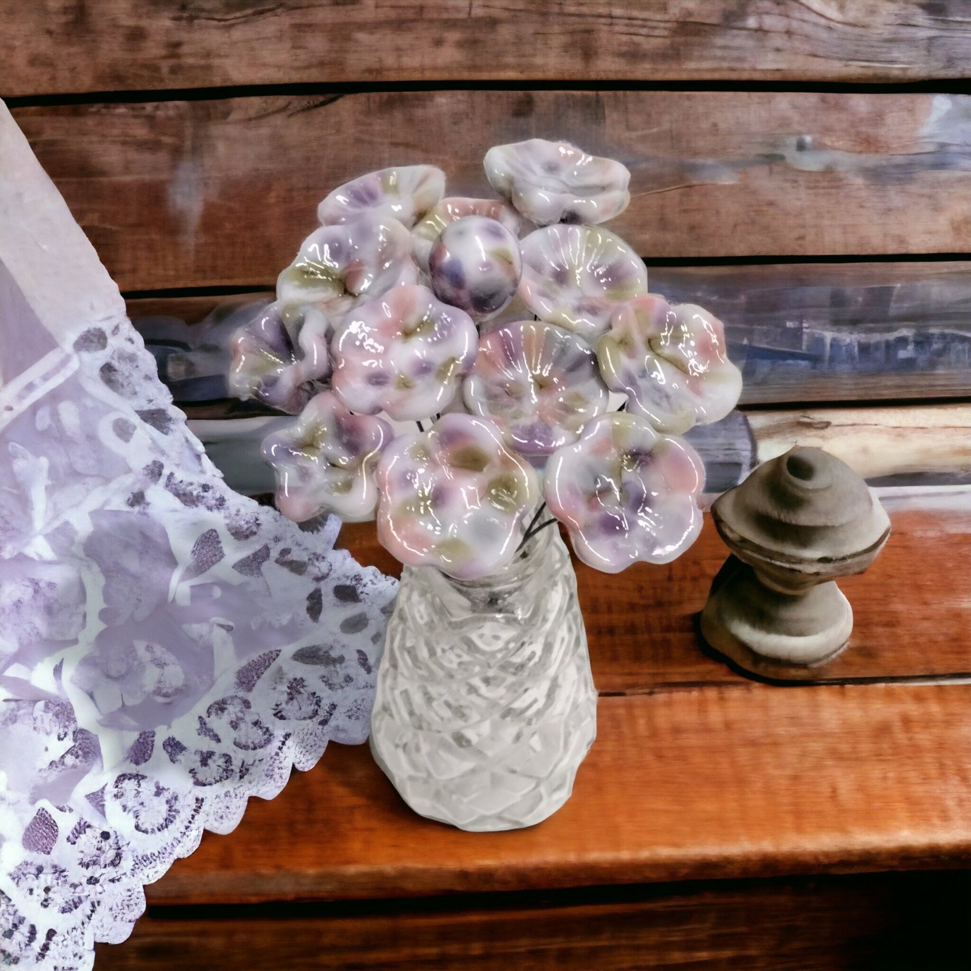 Grandma's Quilt glass flowers; tiny small mini glass flowers on wire; individually crafted lampwork; vintage, antique, nostalgic soft pastel