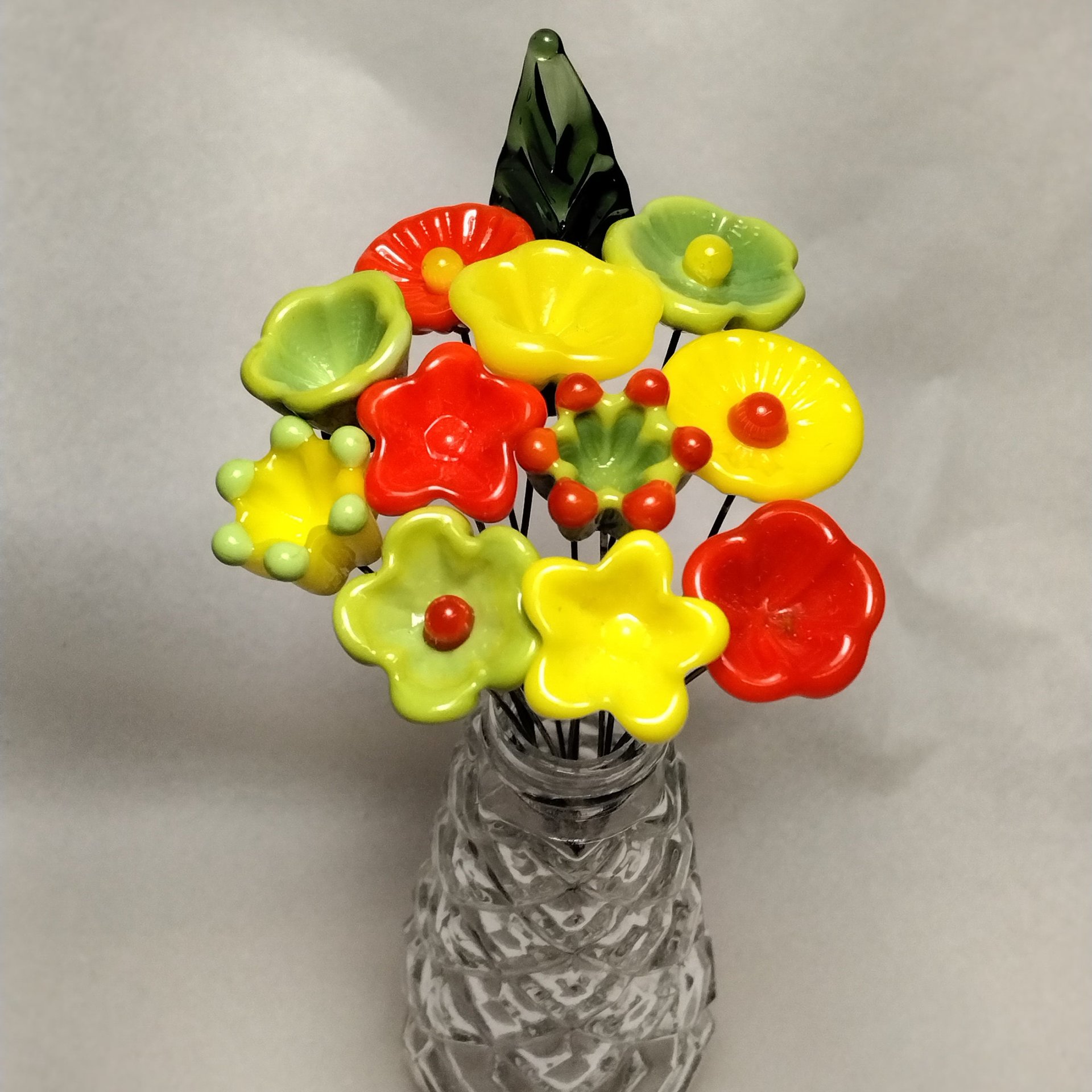 TROPICAL CITRUS Glass Flower Bouquet ~glass flower/leaf, tiny small glass flowers handcrafted, bright, island, neon, vibe, wedding, vintage