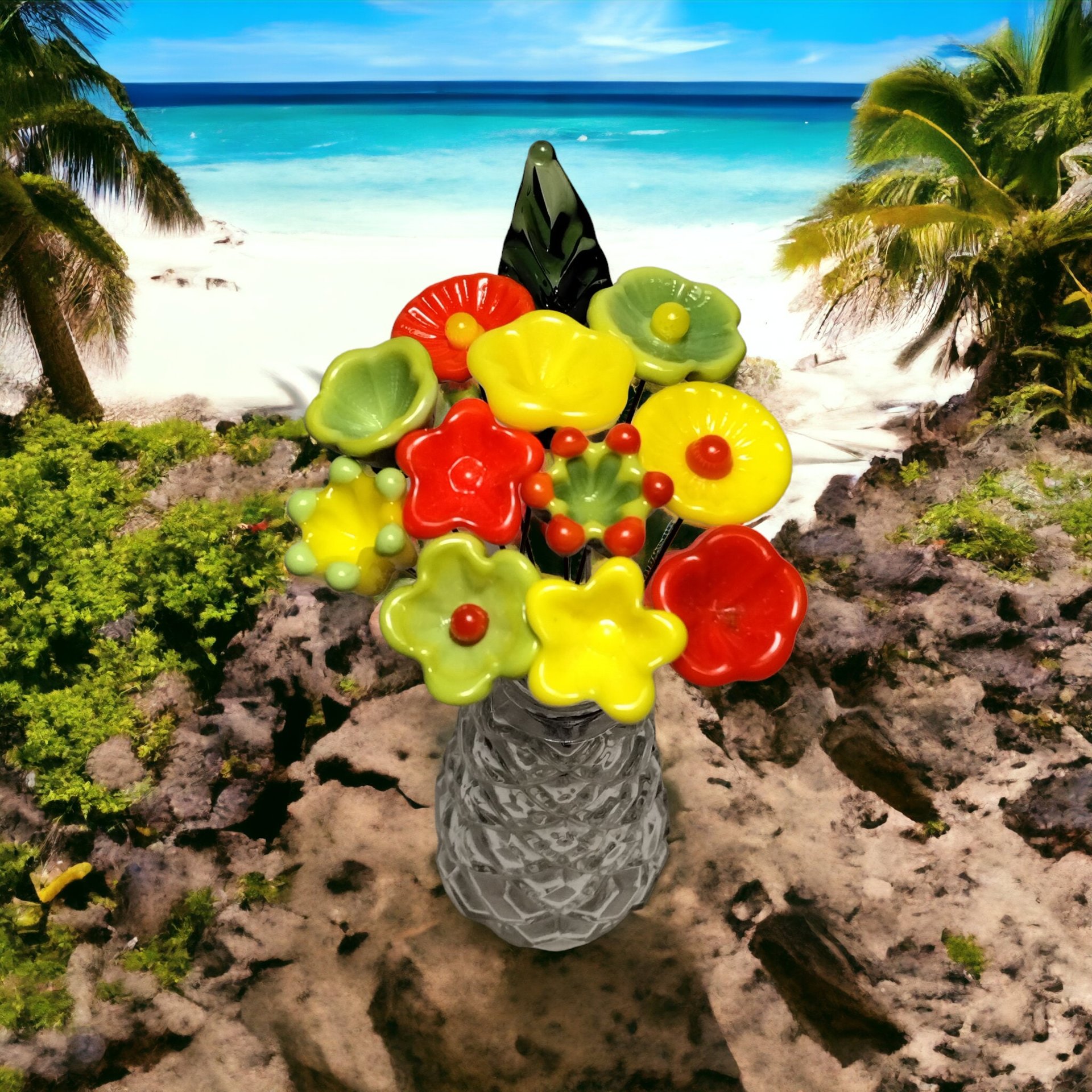 TROPICAL CITRUS Glass Flower Bouquet ~glass flower/leaf, tiny small glass flowers handcrafted, bright, island, neon, vibe, wedding, vintage