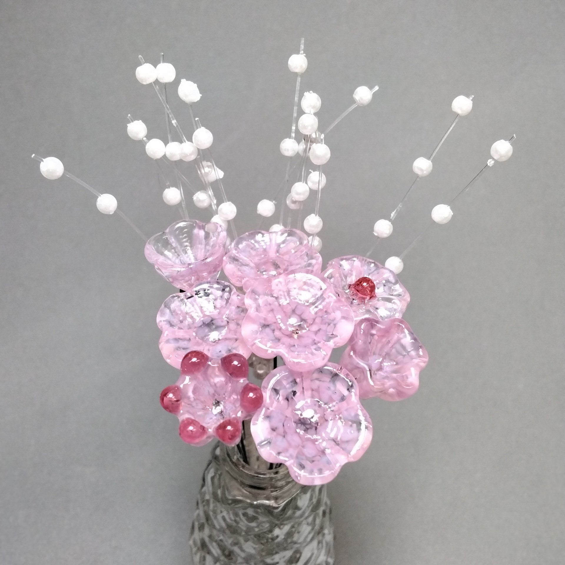 SOFT PINK glass flowers; tiny small mini glass flowers on wire headpins; handcrafted, bouquet, jewelry supply, gift, curio, windowsill