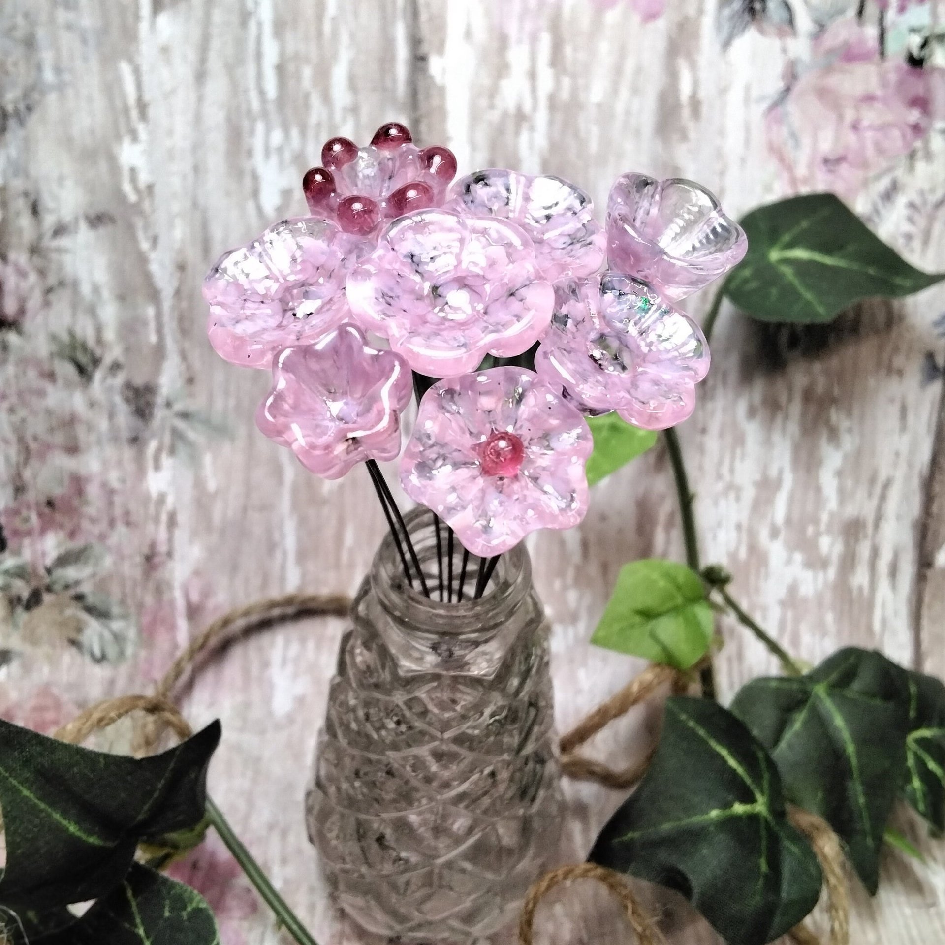 SOFT PINK glass flowers; tiny small mini glass flowers on wire headpins; handcrafted, bouquet, jewelry supply, gift, curio, windowsill