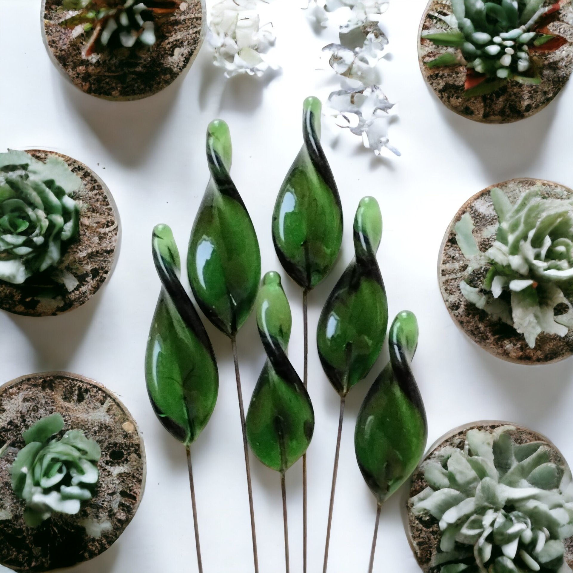 Sage Twist Spike/Leaf glass headpins;  small, tiny miniature flowers on wire  ~ individually crafted lampwork