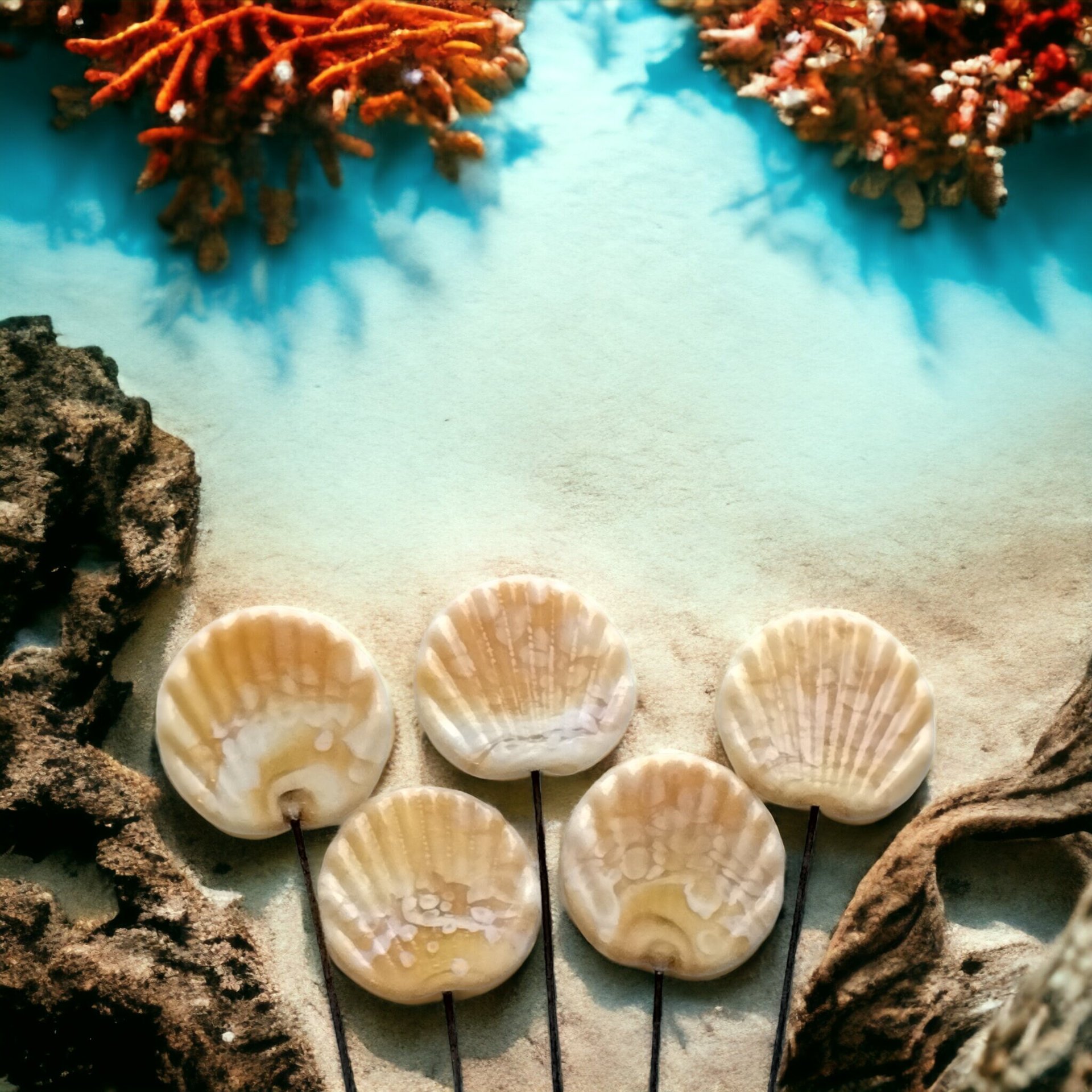 Shell Fan miniature flower glass headpins;  tiny small mini glass flowers on wire; individually crafted lampwork