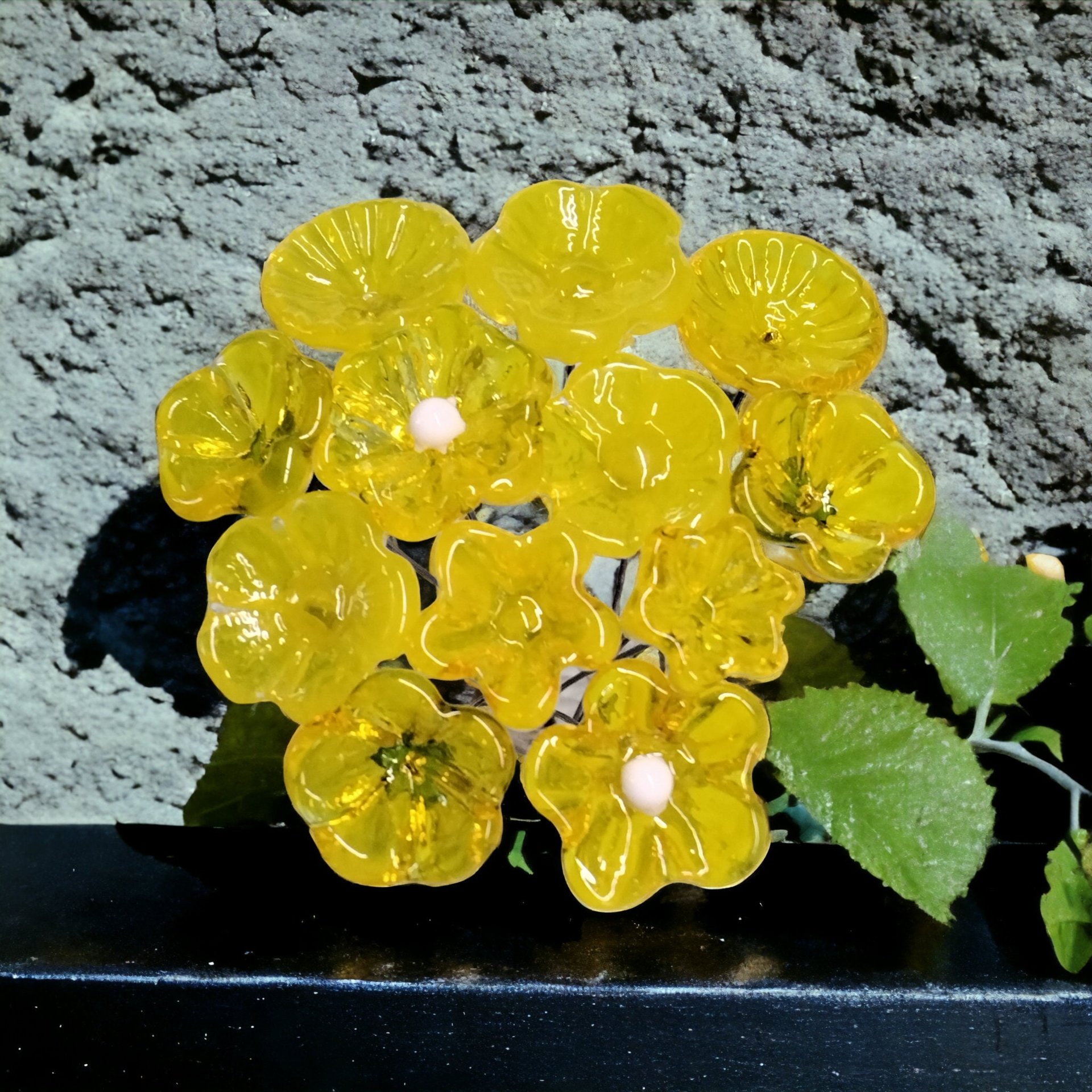 YELLOW TRANSLUCENT glass flower headpins, tiny small miniature glass flowers on wire; jewelry supply, curio, windowsill, small bouquet, gift