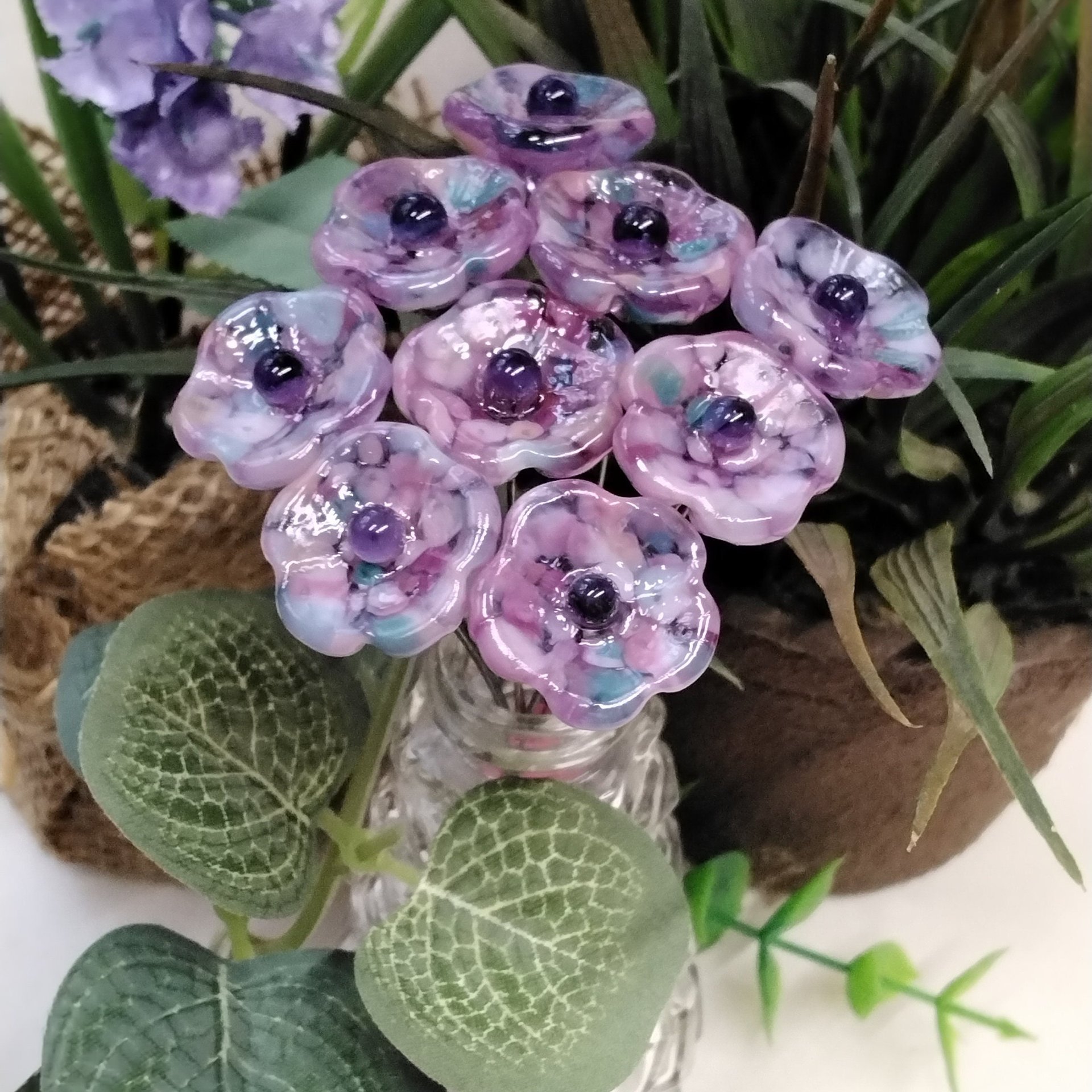 Lavender Garden glass 5-petal mini glass flowers, tiny, small glass flowers on wire; hadcrafted lampwork, jewelry, mixed media, plant gift