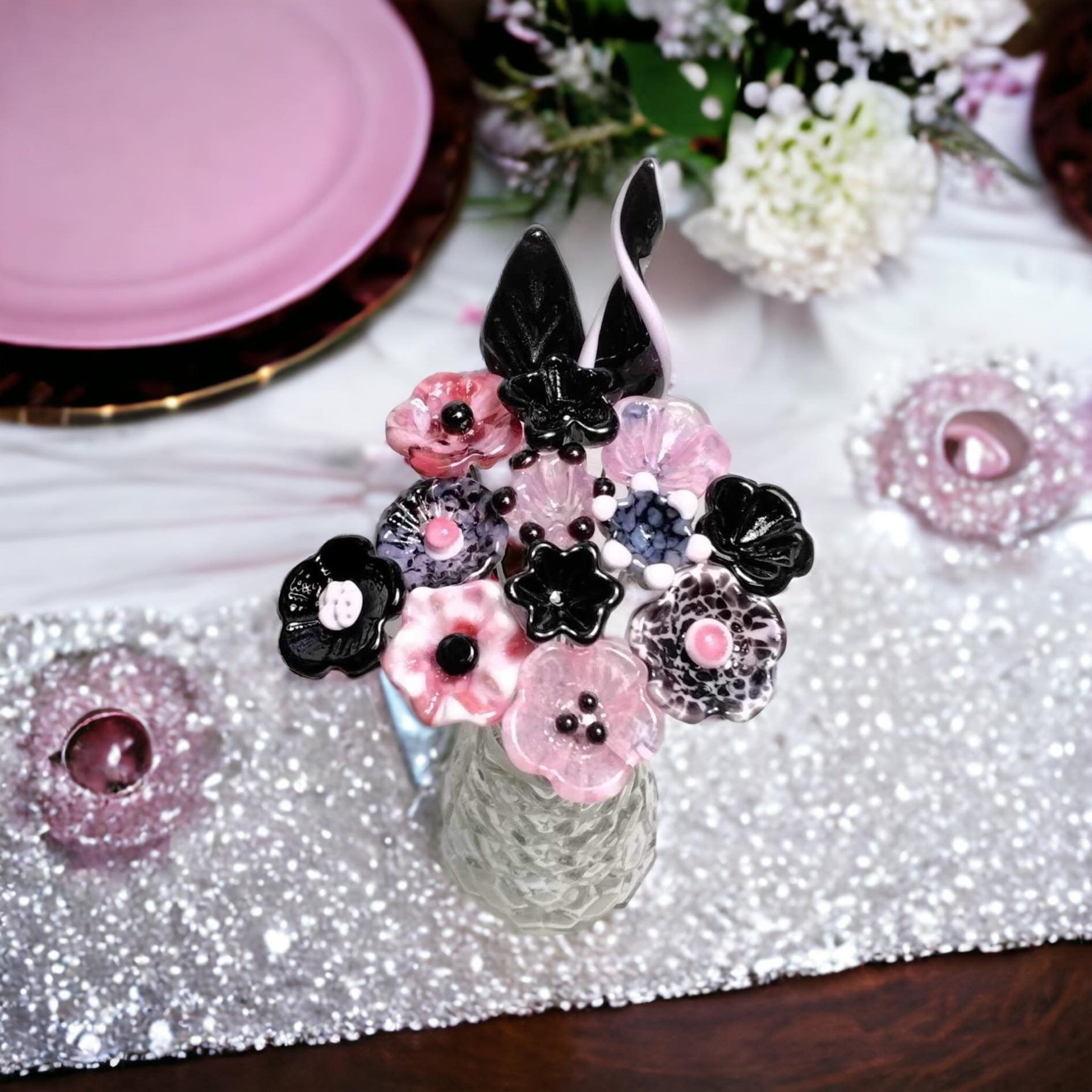 PINK/BLACK VINTAGE Retro ~glass flower/leaf bouquet tiny small miniature glass flowers; handcrafted lampwork, gift, curio, windowsill