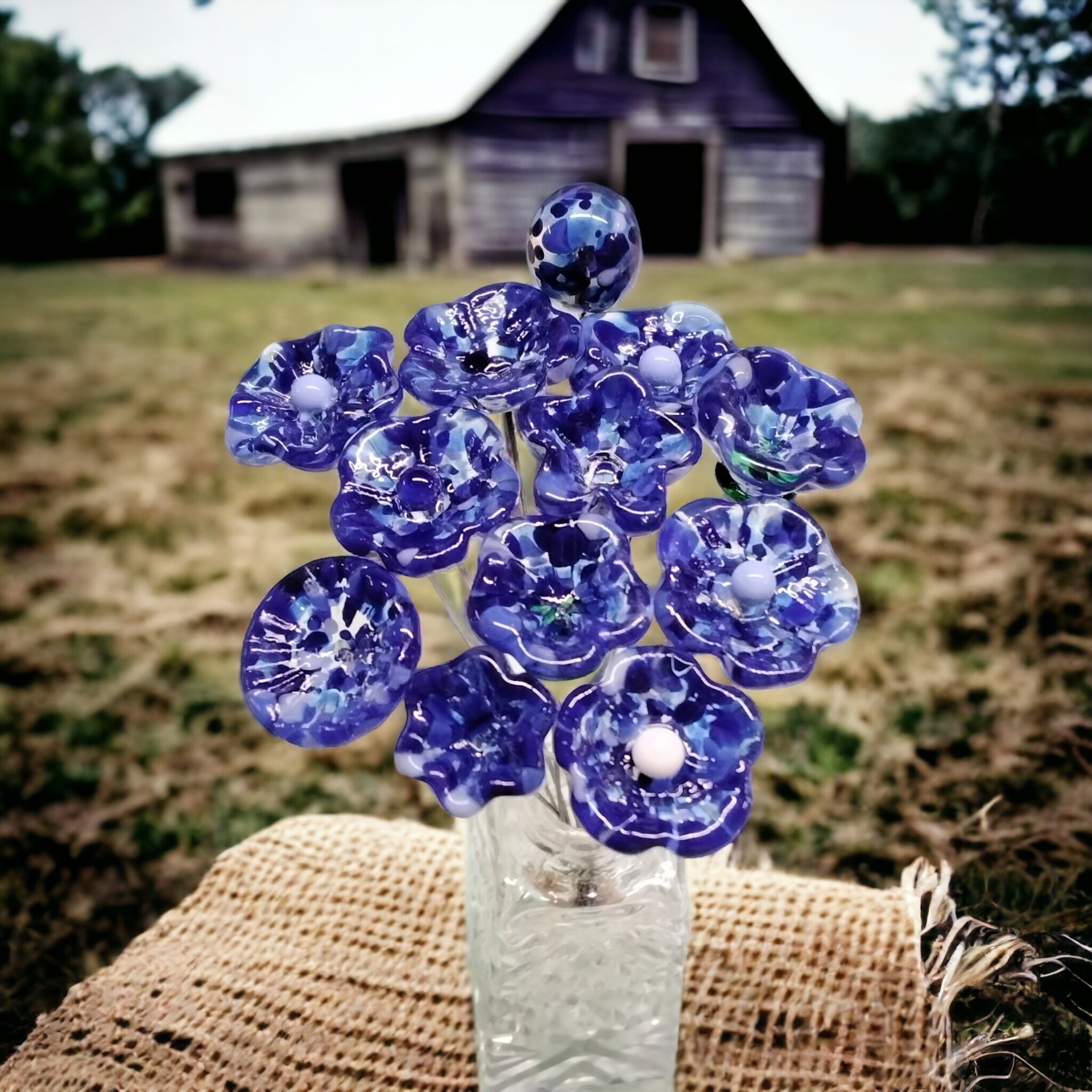 DARK BLUE VARIEGATED glass flowers; mini tiny small glass flowers on wire; handcrafted lampwork, jewelry, mixed media, wedding, gifts