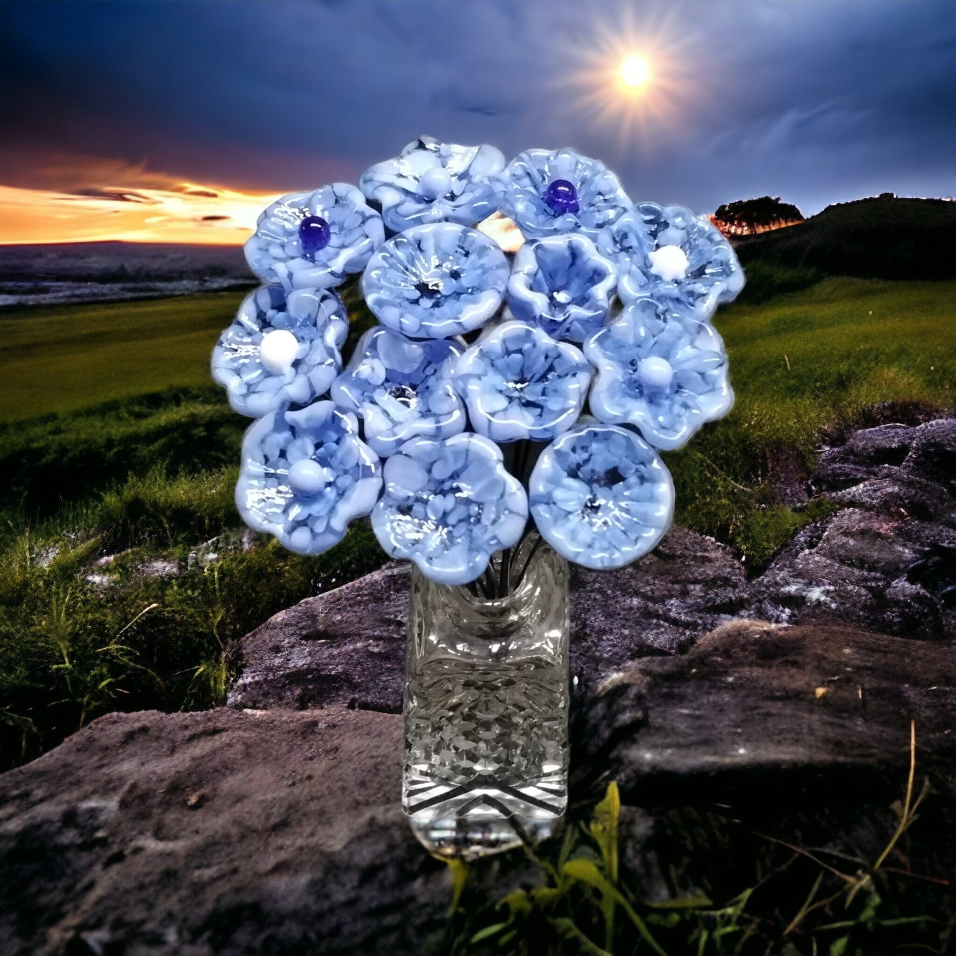 LIGHT BLUE MOTTLE glass flowers; mini tiny small glass flowers on wire;handcrafted lampwork, jewelry, mixed media, wedding, little gift