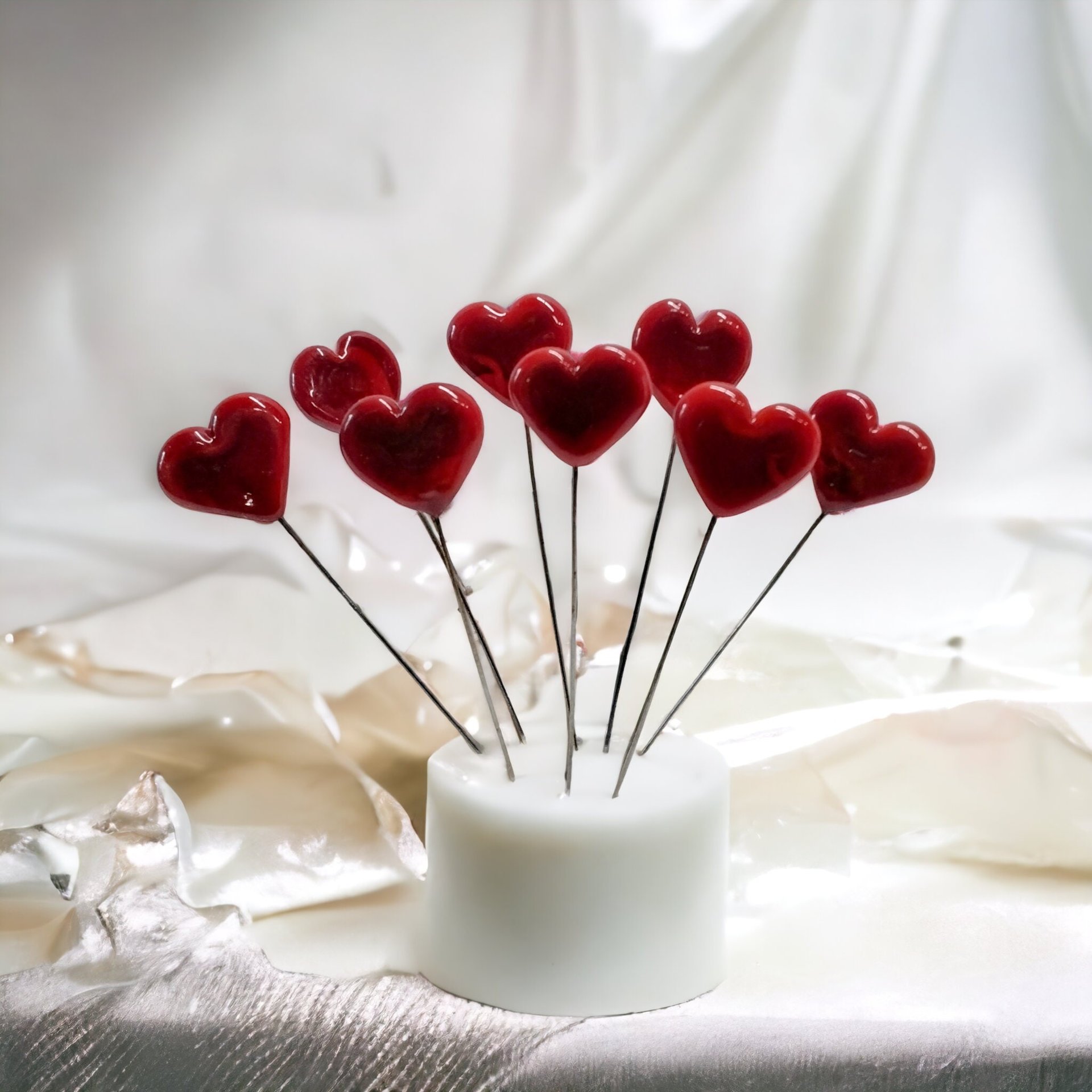 Red Glass Heart plant pick on 5 inch stainless steel wire, glass heart on wire for floral bouquet, cake, decor, jewelry, handmade lampwork