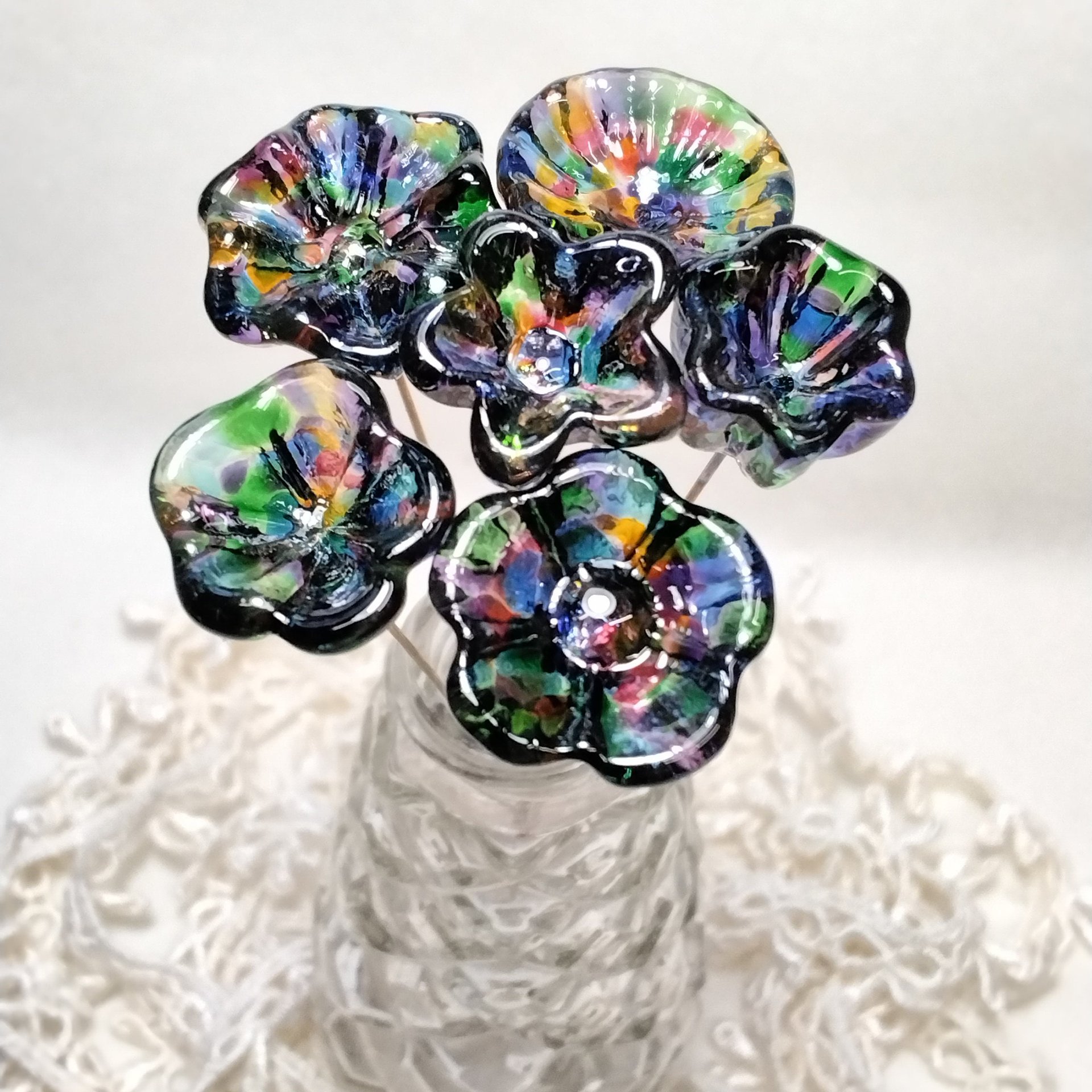 PRISM KALEIDOSCOPE  glass flowers on wire headpins; ~ miniature tiny small glass flowers on wire; individually crafted lampwork