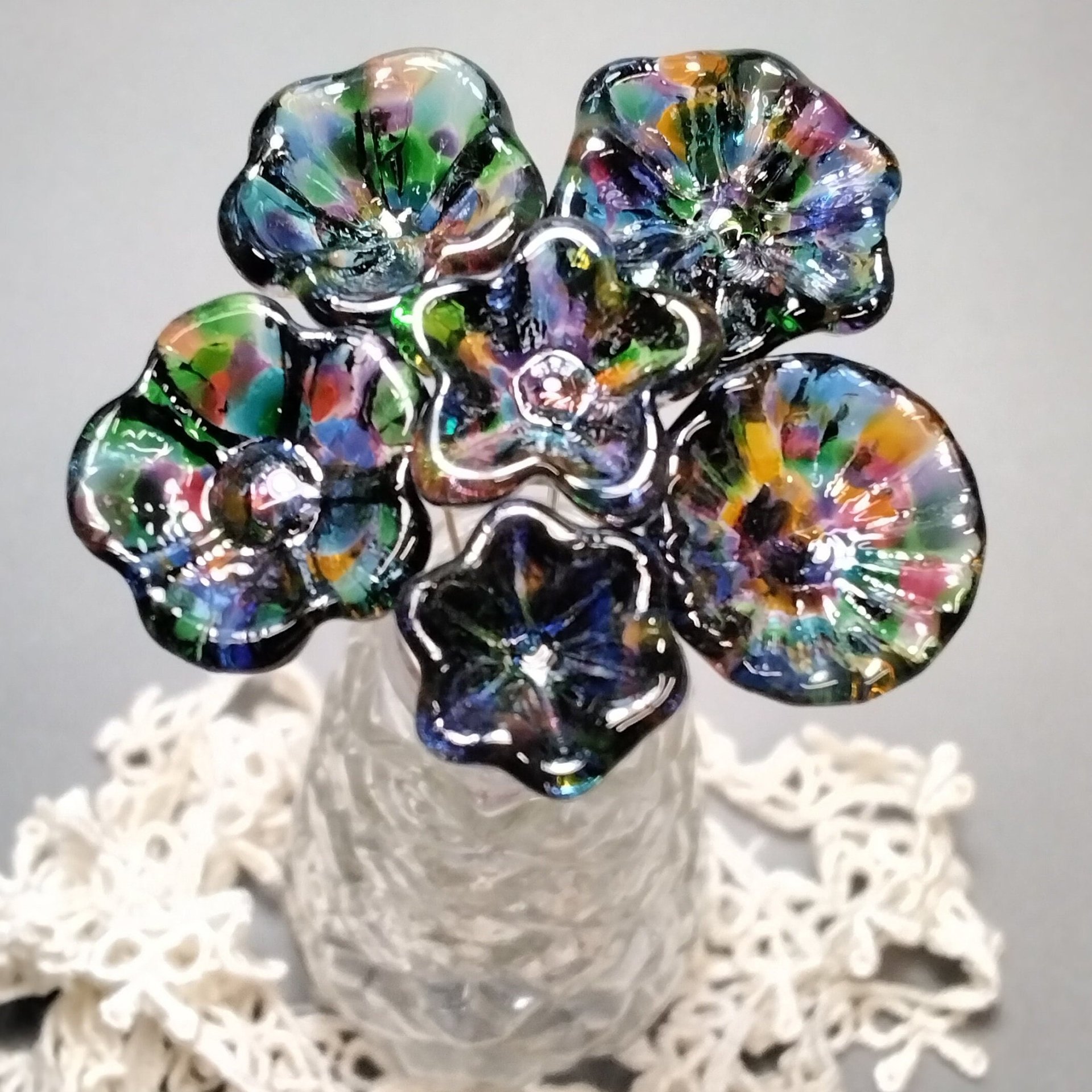 PRISM KALEIDOSCOPE  glass flowers on wire headpins; ~ miniature tiny small glass flowers on wire; individually crafted lampwork