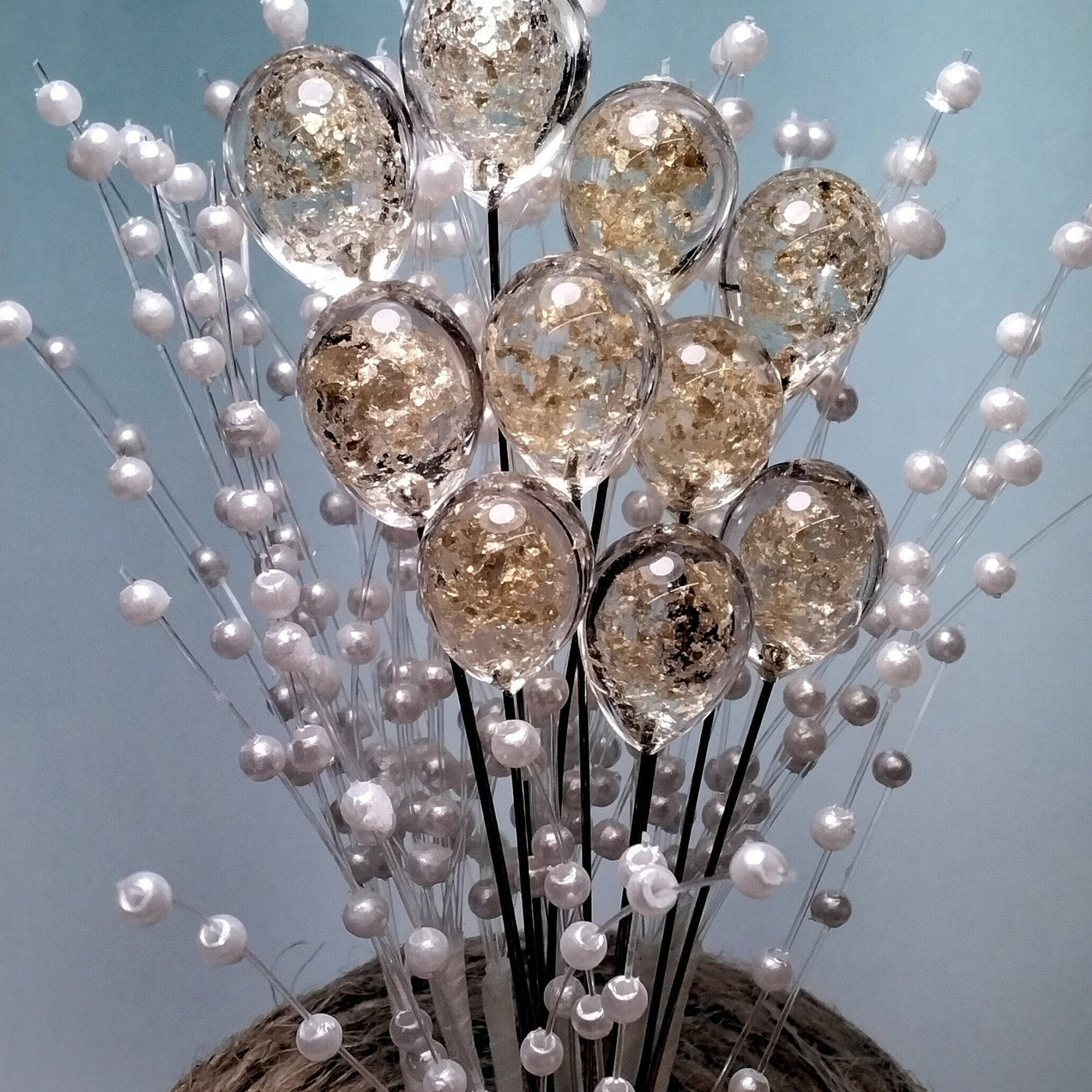 GOLD GLITTER ORB - Glass Drop Orb: glass with gold glitter inside each unique;  handmade lampwork, jewelry, mix media, plant pick, wedding