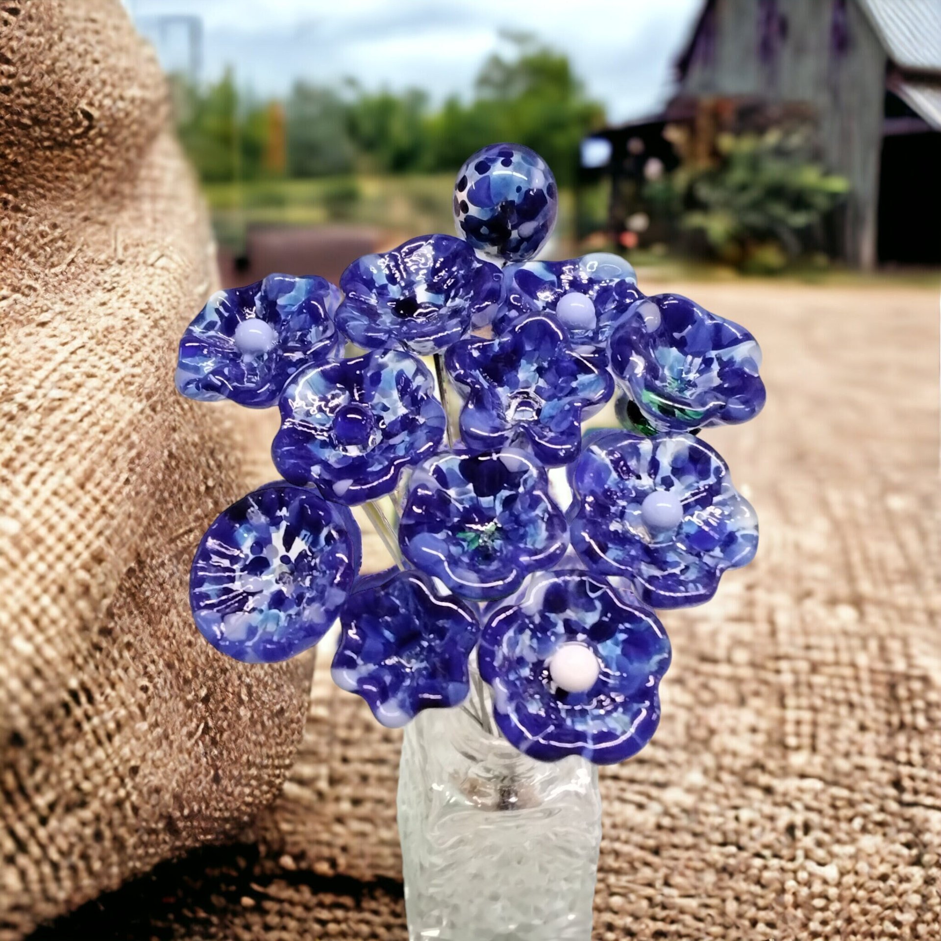 DARK BLUE VARIEGATED glass flowers; mini tiny small glass flowers on wire; handcrafted lampwork, jewelry, mixed media, wedding, gifts