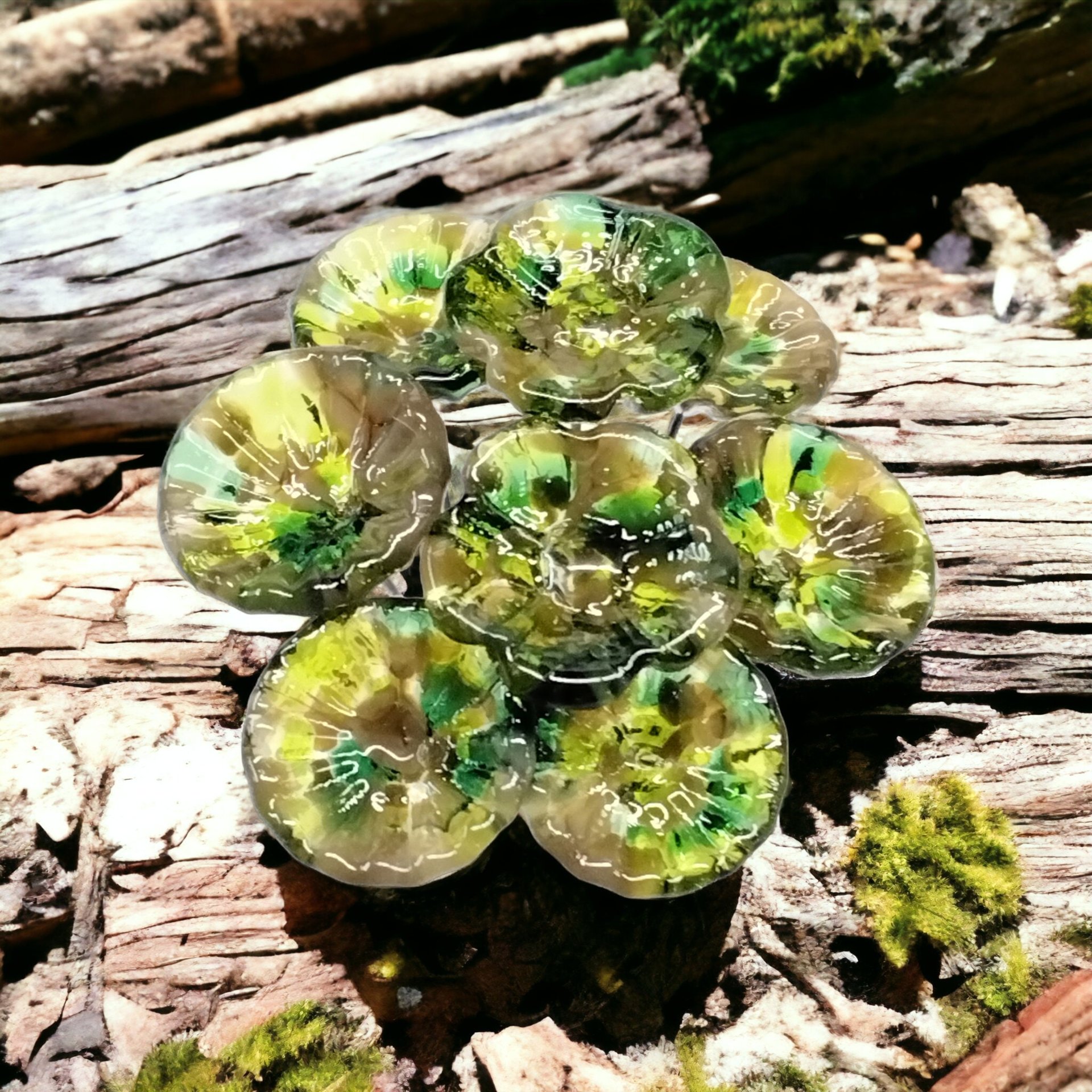 Camo glass flower headpins, glass on wire, jewelry supply or bouquet, fall, hunter, camouflage, woods, cabin, rustic, lampwork handmade