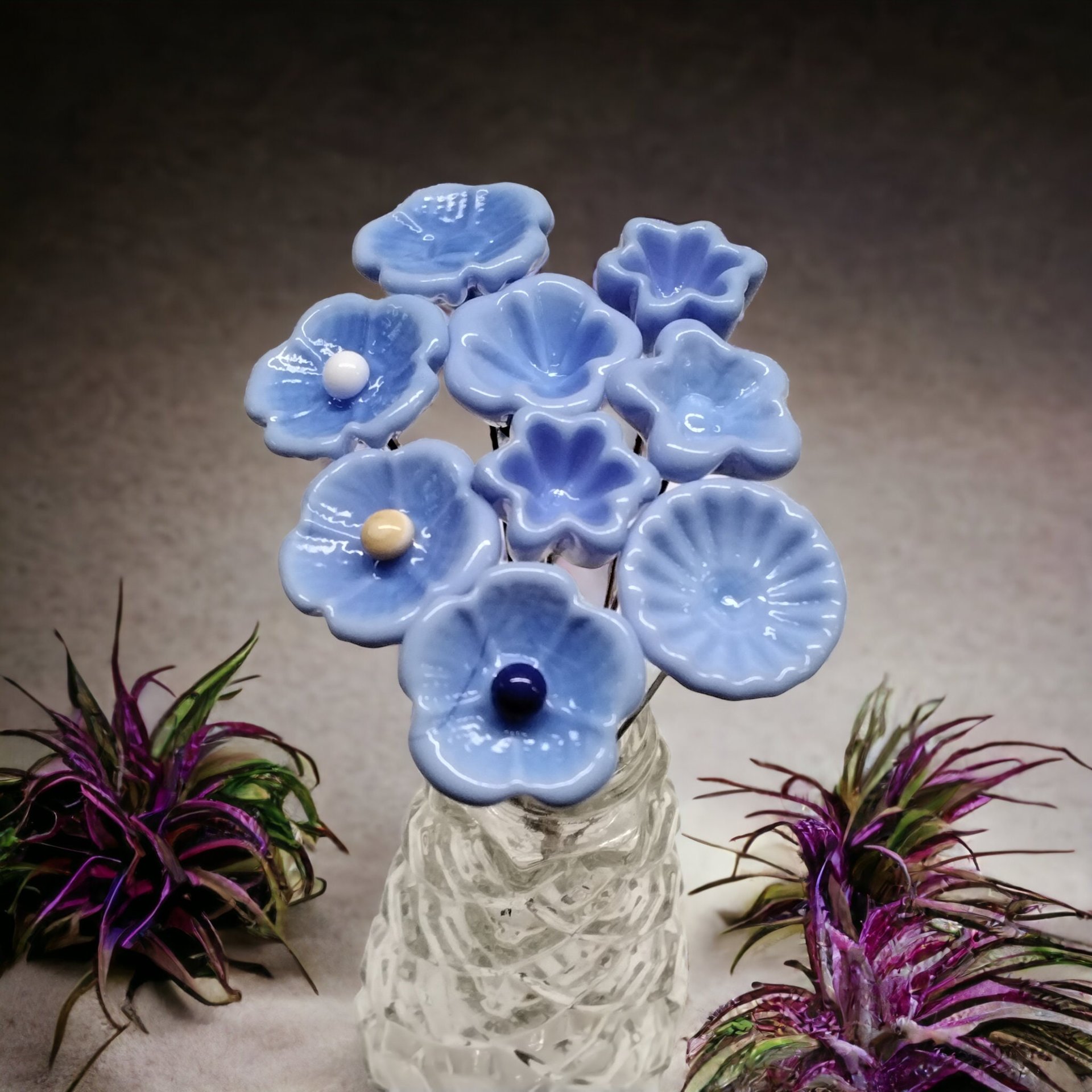 PERIWINKLE miniature glass flowers on wire; mini tiny small handcraft lampwork. Jewelry, mixed media, wedding, forever flowers, curio, gift