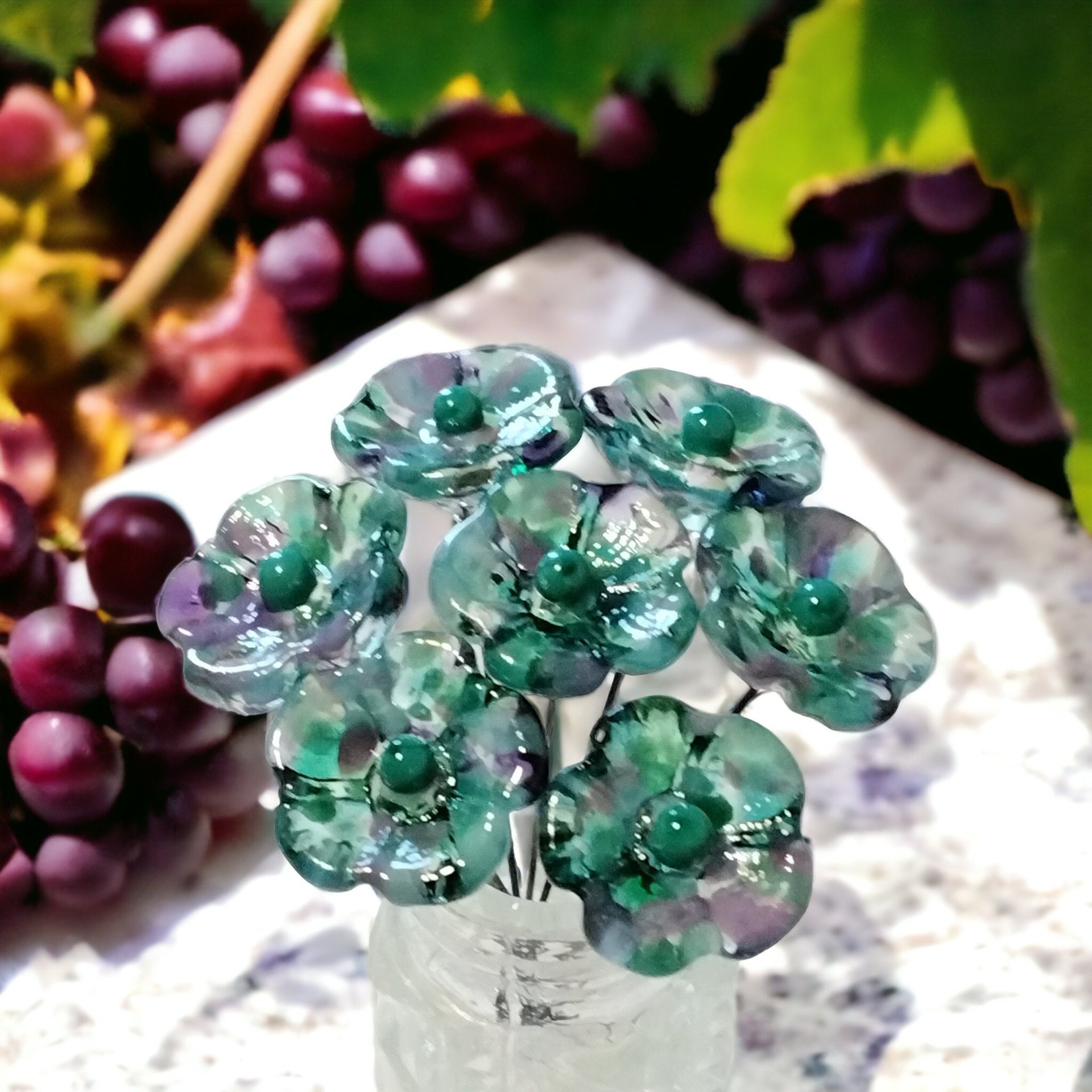 Emerald Island Turquoise/Purple 5-Petal glass flowers, tiny small mini glass flowers on wire; handcrafted lampwork, jewelry, mix media, gift