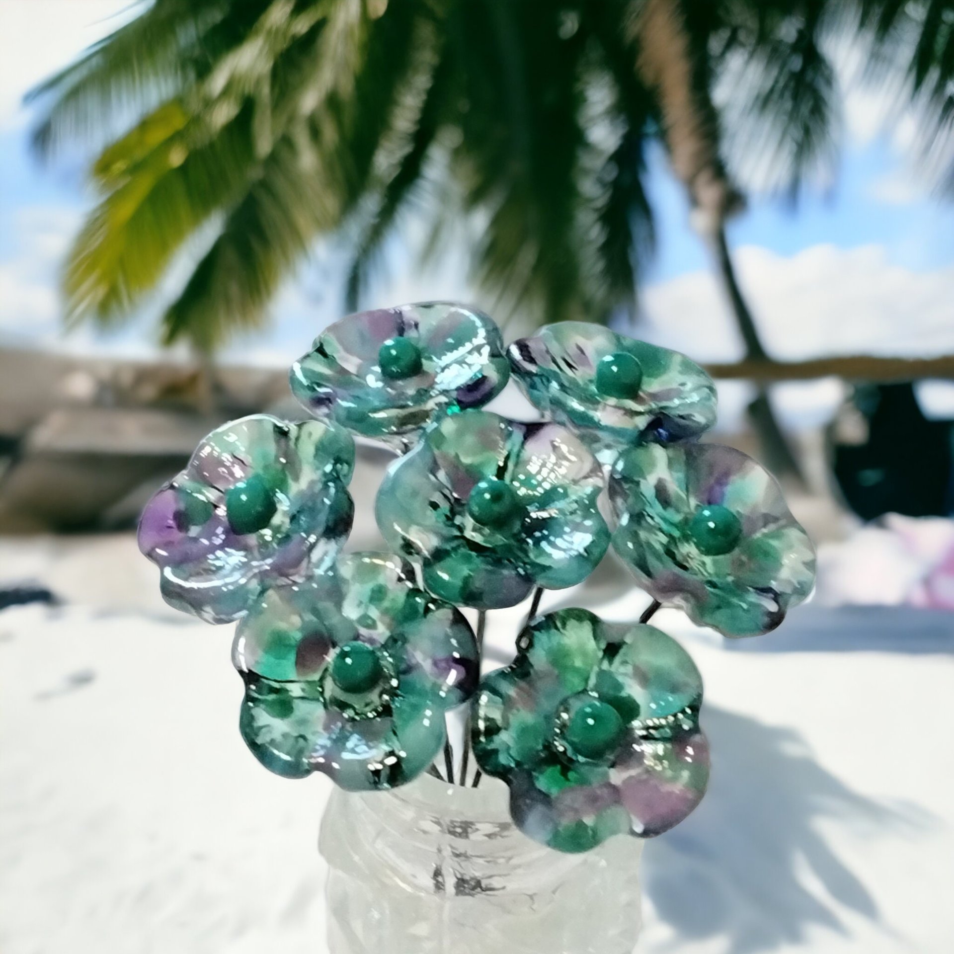Emerald Island Turquoise/Purple 5-Petal glass flowers, tiny small mini glass flowers on wire; handcrafted lampwork, jewelry, mix media, gift