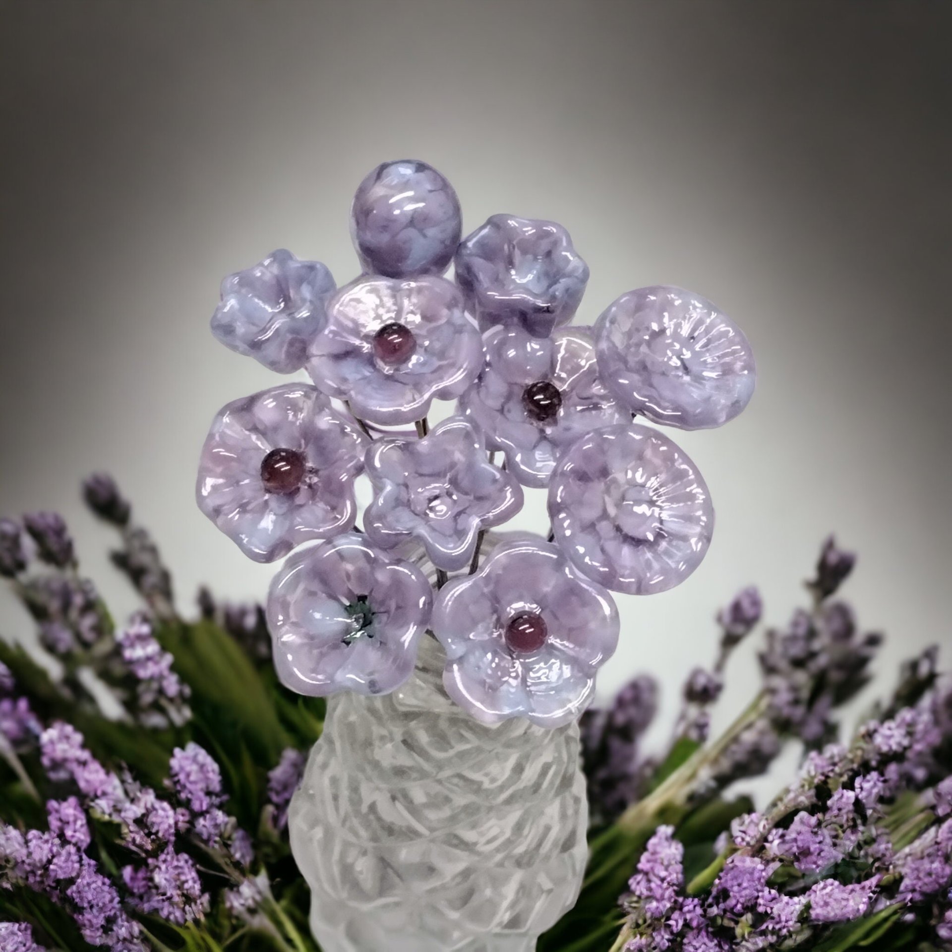 SOFT LAVENDER MOTTLE glass flowers, tiny small mini glass flowers on wire; handcrafted lampwork, jewelry, mixed media, weddings, plant gift