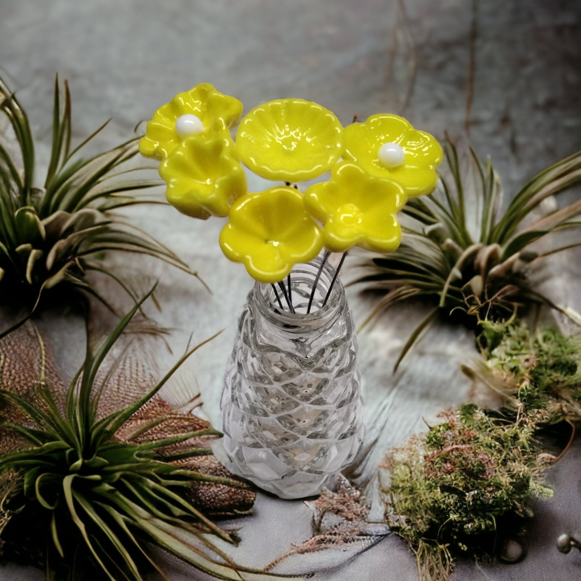 BRIGHT YELLOW glass flower headpins; tiny small mini glass flowers on wire; hancrafted lampwork, jewelry, curio, mixed media, little gift