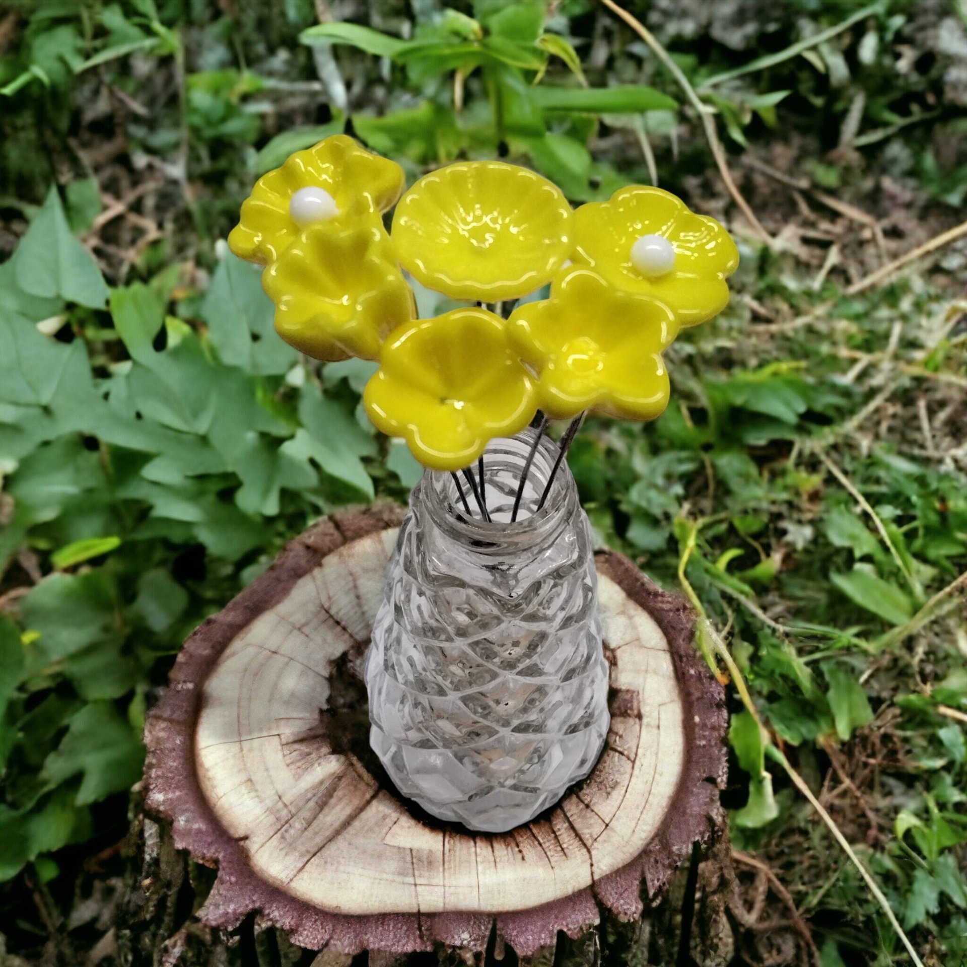 BRIGHT YELLOW glass flower headpins; tiny small mini glass flowers on wire; hancrafted lampwork, jewelry, curio, mixed media, little gift