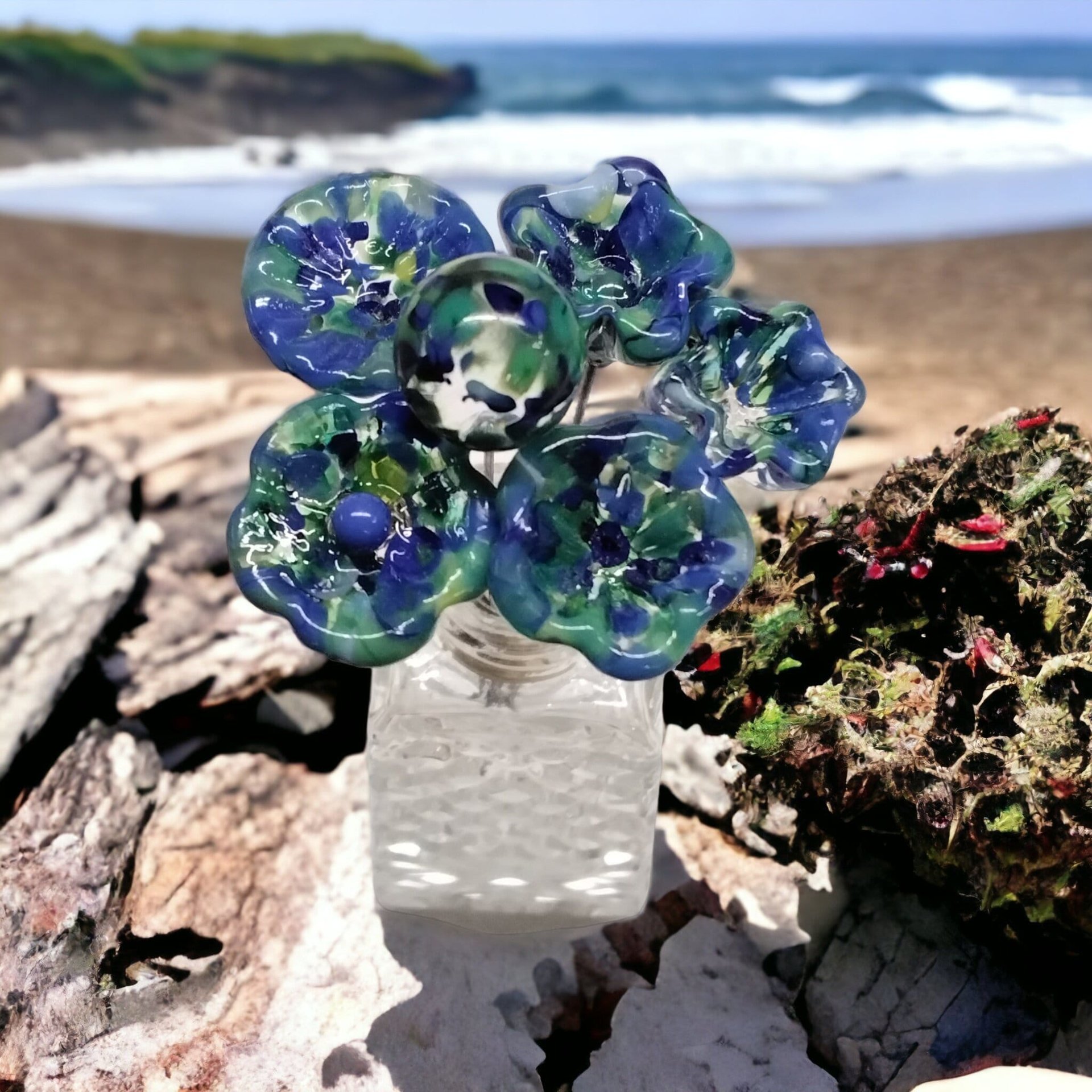 GREEN/BLUE SPRINKLES glass flower headpins, tiny small mini glass flowers on wire; handcrafted lampwork, jewelry, mixed media, wedding, gift