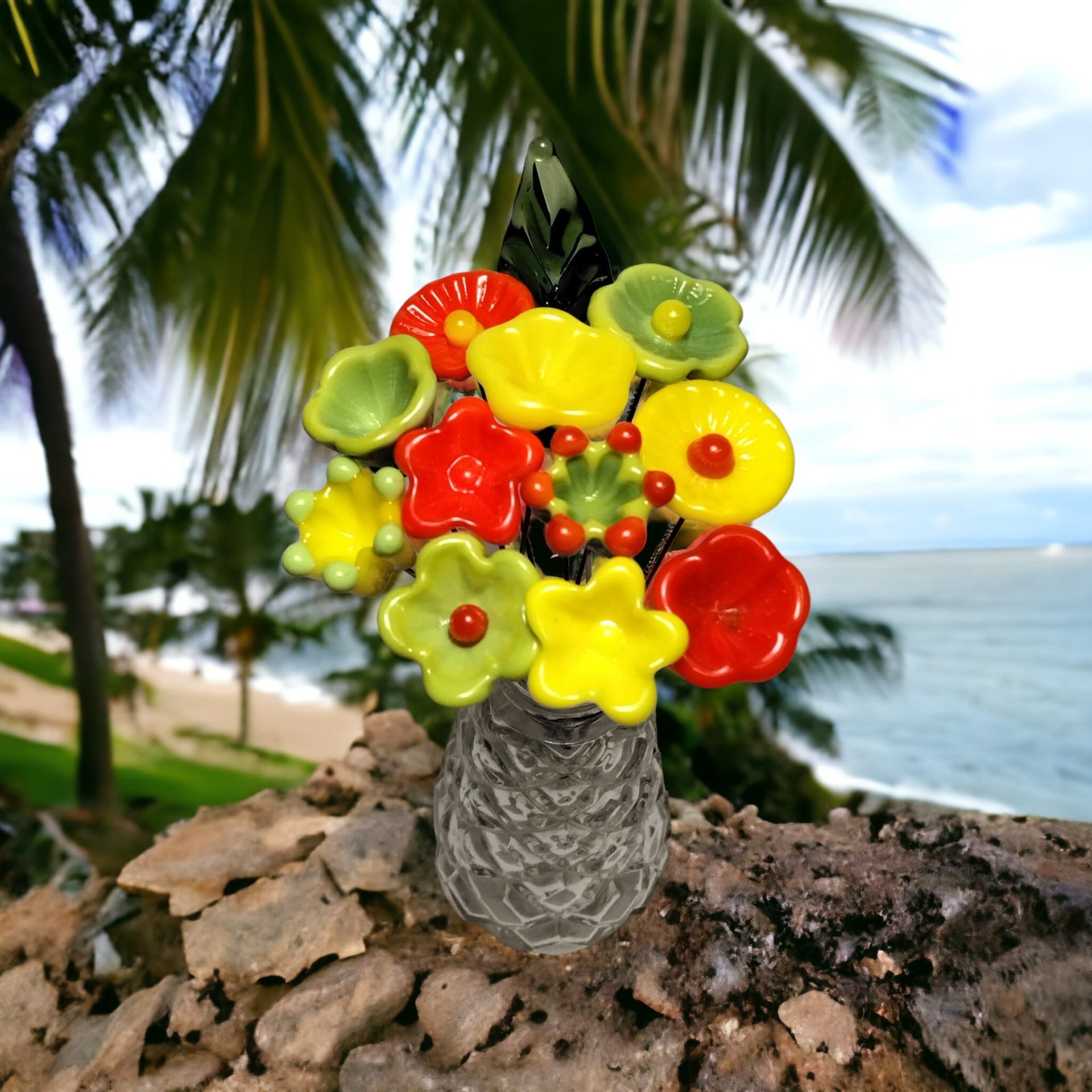 TROPICAL CITRUS Glass Flower Bouquet ~glass flower/leaf, tiny small glass flowers handcrafted, bright, island, neon, vibe, wedding, vintage