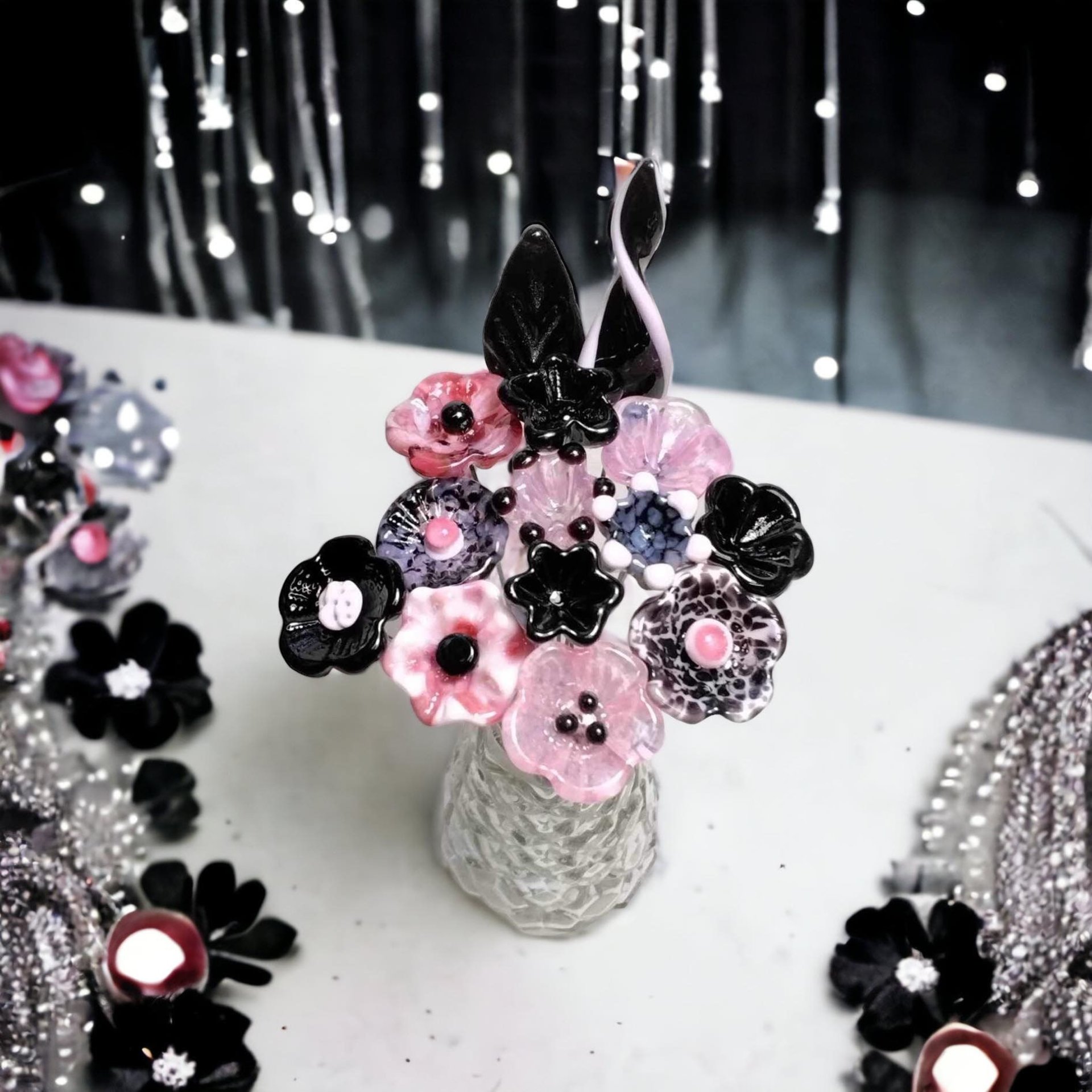 PINK/BLACK VINTAGE Retro ~glass flower/leaf bouquet tiny small miniature glass flowers; handcrafted lampwork, gift, curio, windowsill