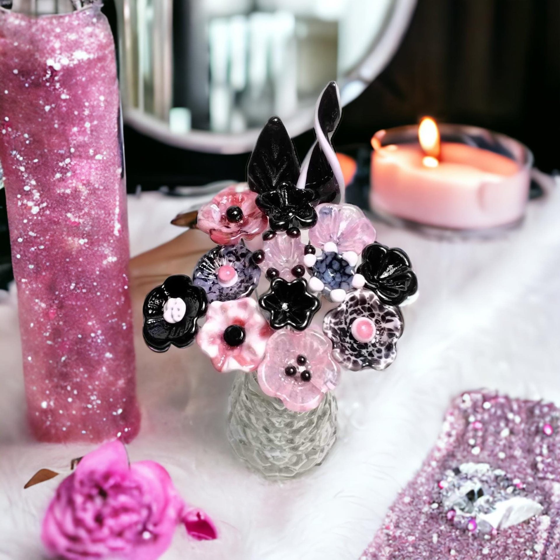 PINK/BLACK VINTAGE Retro ~glass flower/leaf bouquet tiny small miniature glass flowers; handcrafted lampwork, gift, curio, windowsill
