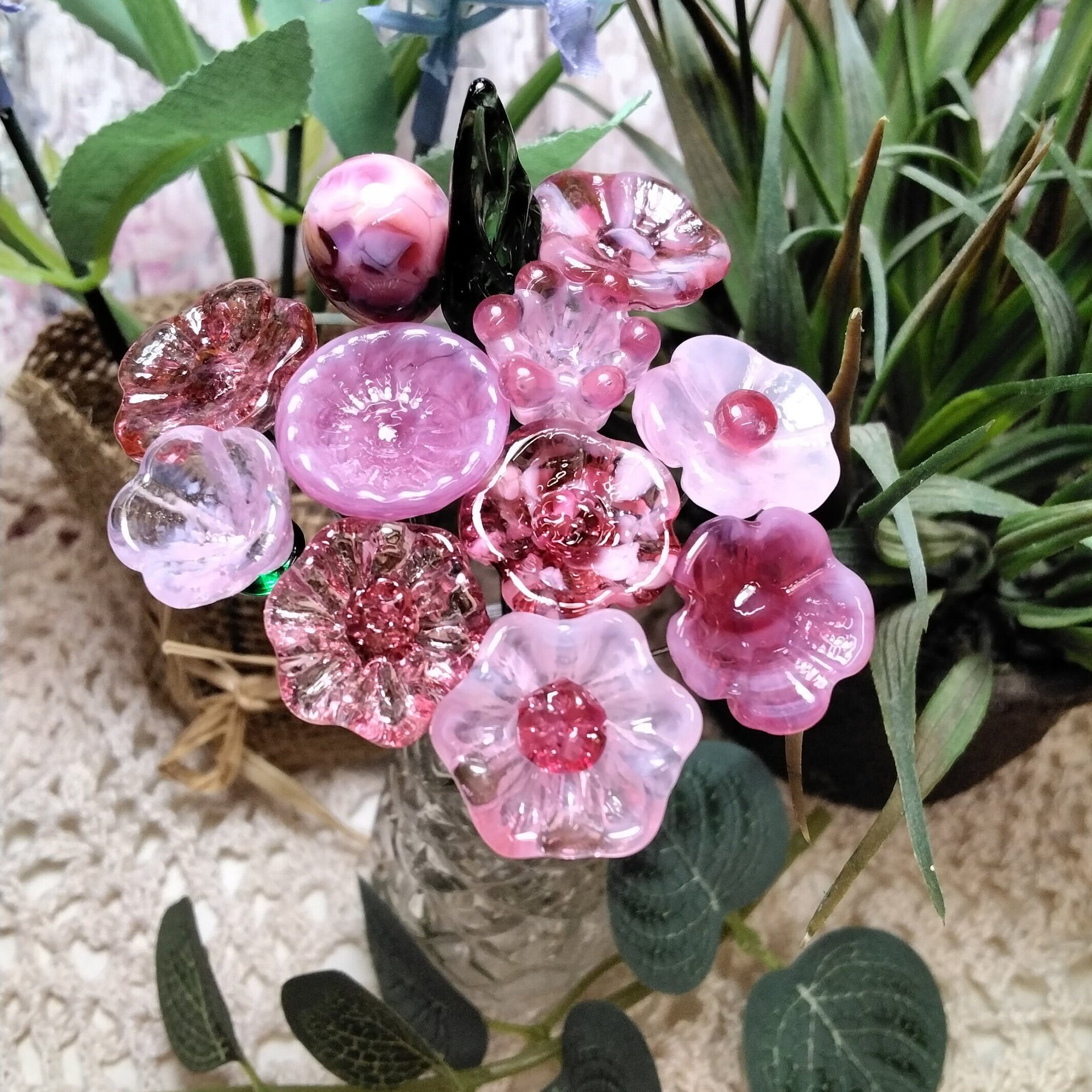 PINKTACULAR (strength) ~glass flower/leaf bouquet,tiny small glass flowers; handcrafted lampwork, wedding, baby, girl, placesetting, curio