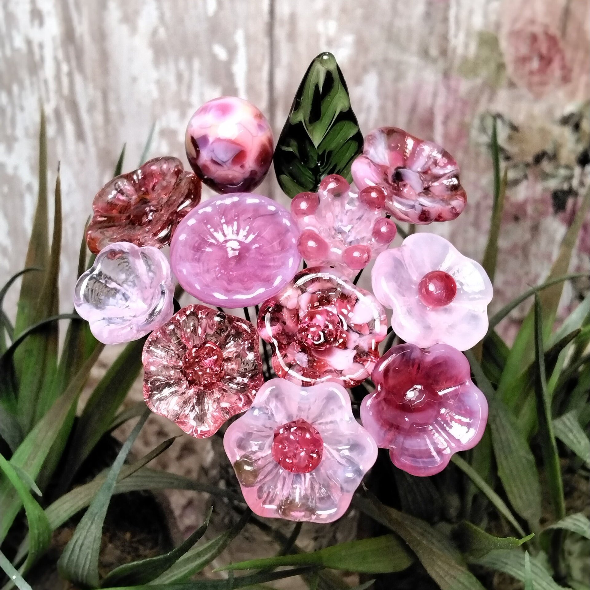 PINKTACULAR (strength) ~glass flower/leaf bouquet,tiny small glass flowers; handcrafted lampwork, wedding, baby, girl, placesetting, curio