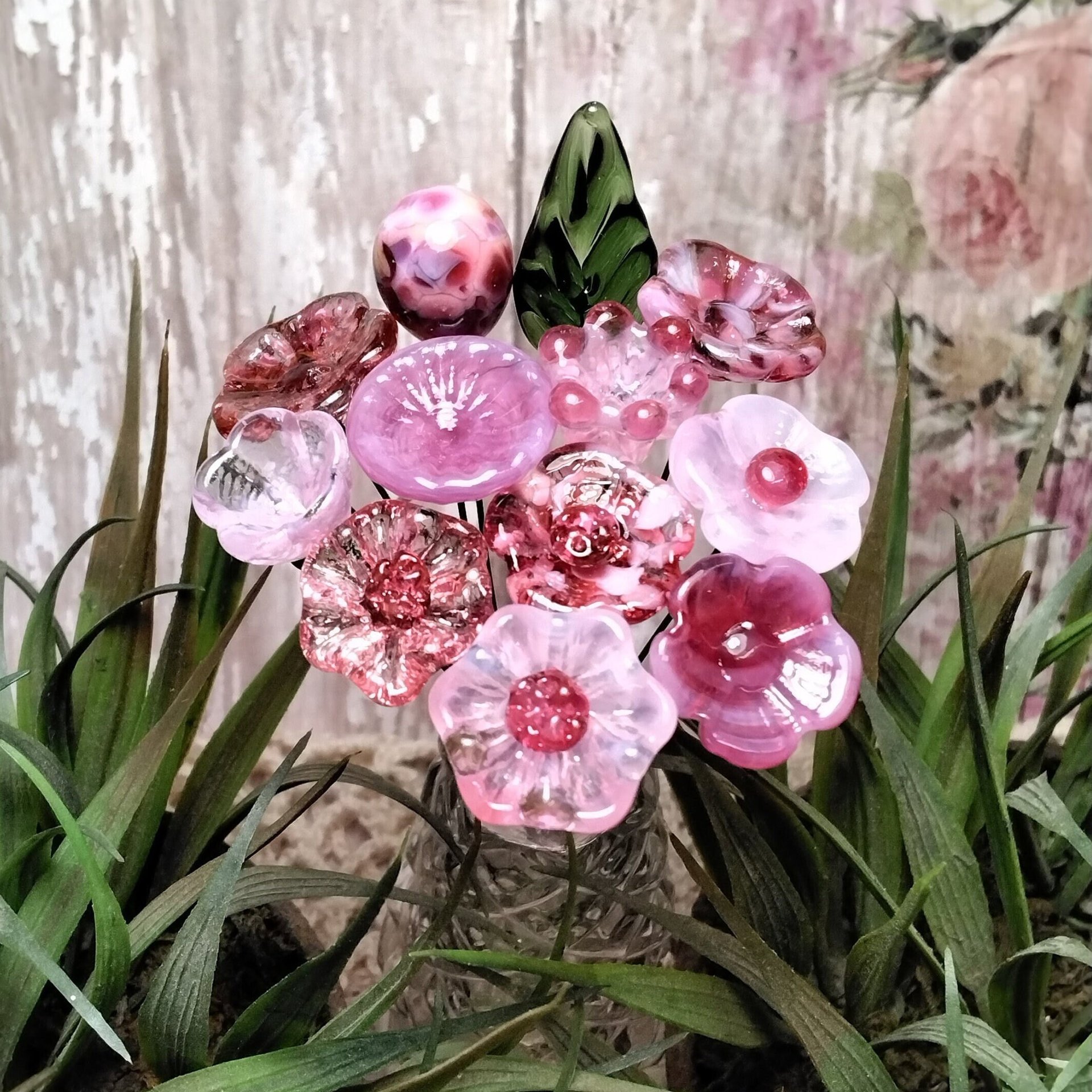 PINKTACULAR (strength) ~glass flower/leaf bouquet,tiny small glass flowers; handcrafted lampwork, wedding, baby, girl, placesetting, curio