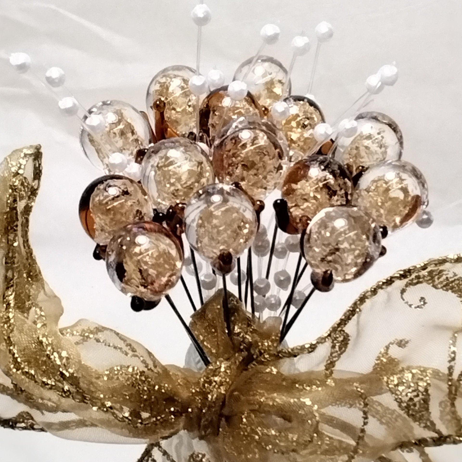 GOLD GLITTER ORB - Glass Drop Orb: glass with gold glitter inside each unique;  handmade lampwork, jewelry, mix media, plant pick, wedding